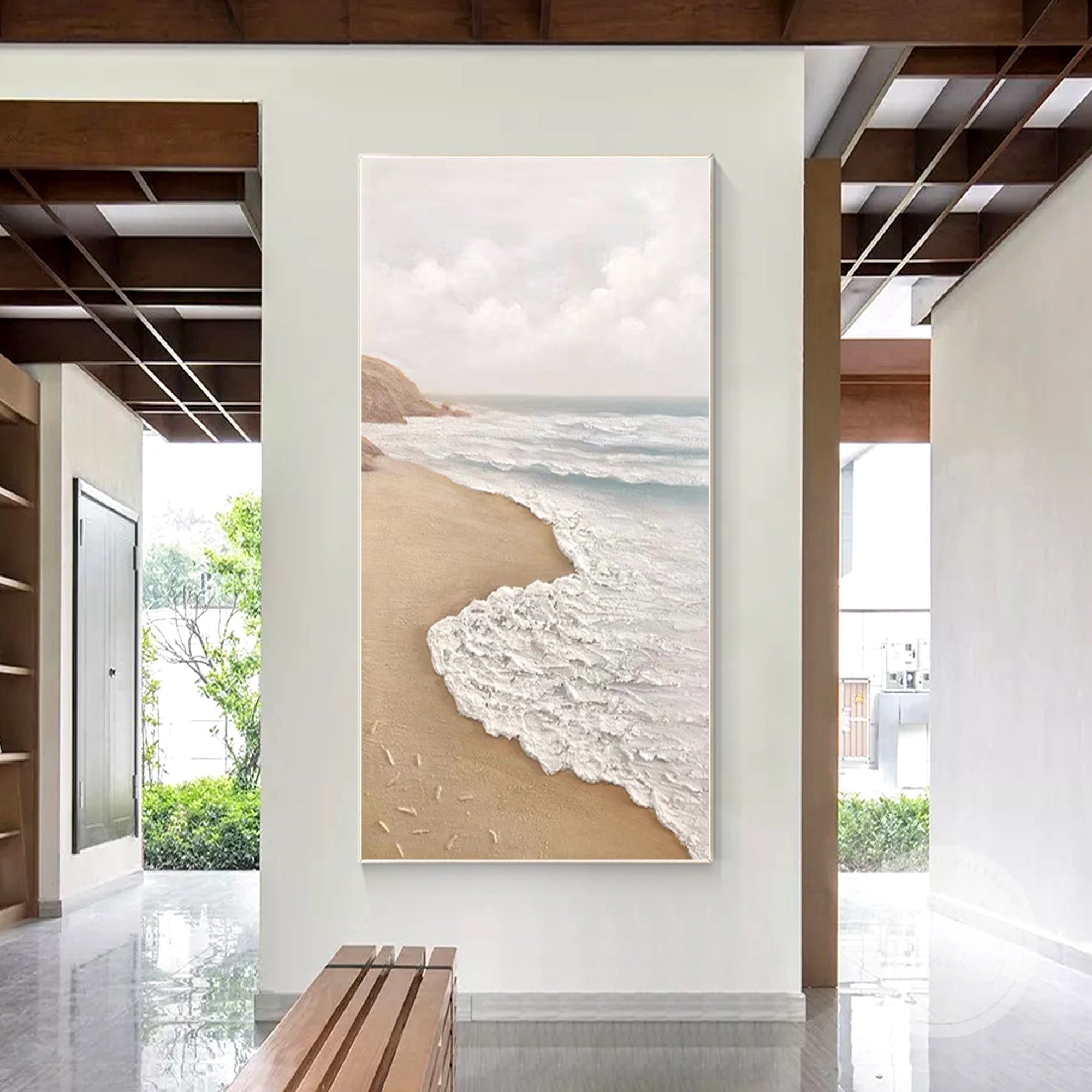 Large 3D ocean wall art in beige tones, ideal for coastal living room decor.