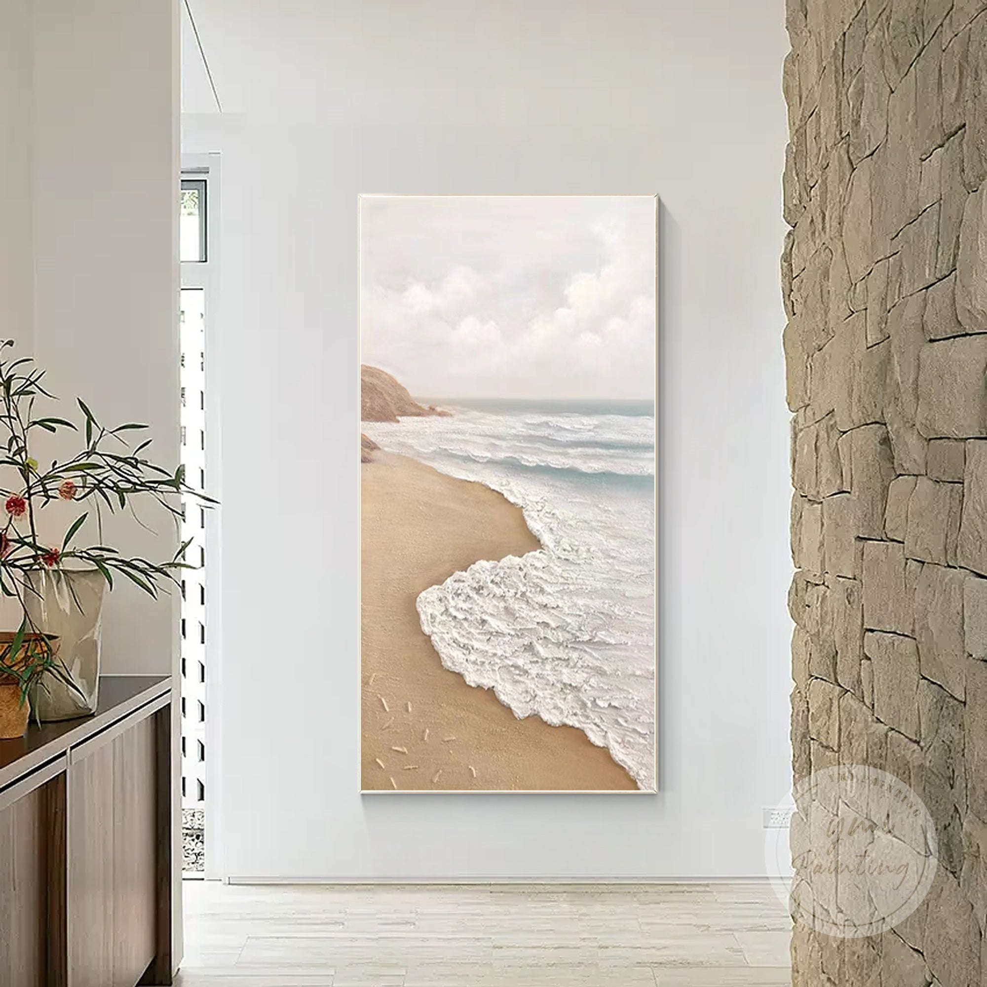 Extra-large textured beach painting with soft neutral hues and dimensional waves.