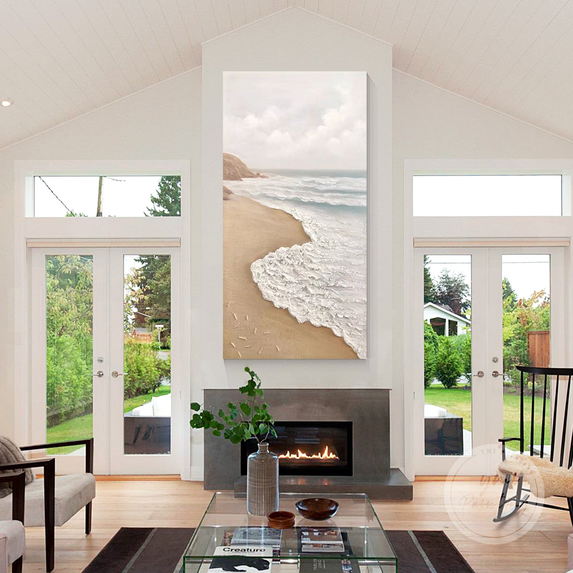 Handcrafted beige ocean wall art with raised textures and abstract shoreline.