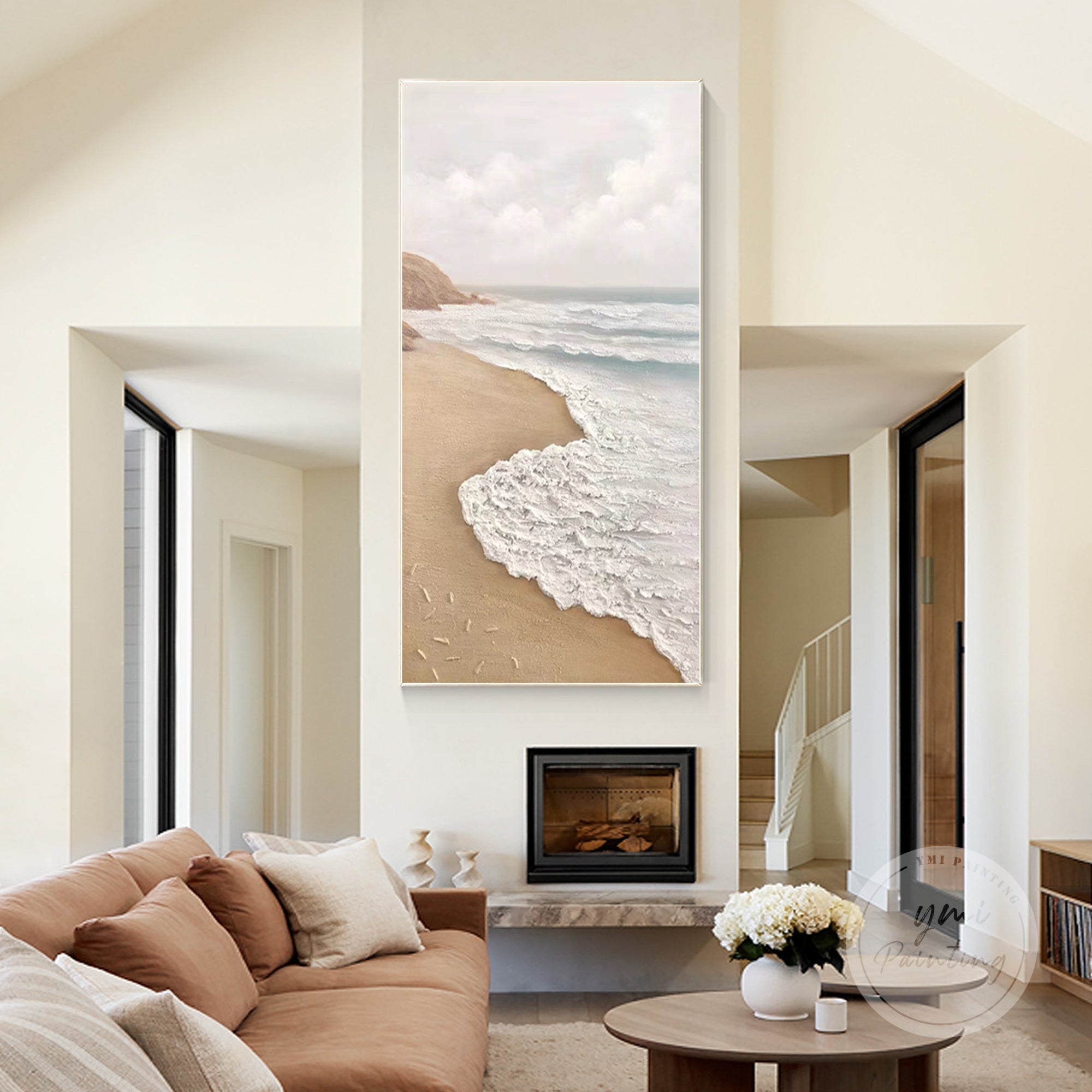 Coastal beach painting in soothing sand and ocean colors, perfect for modern homes.