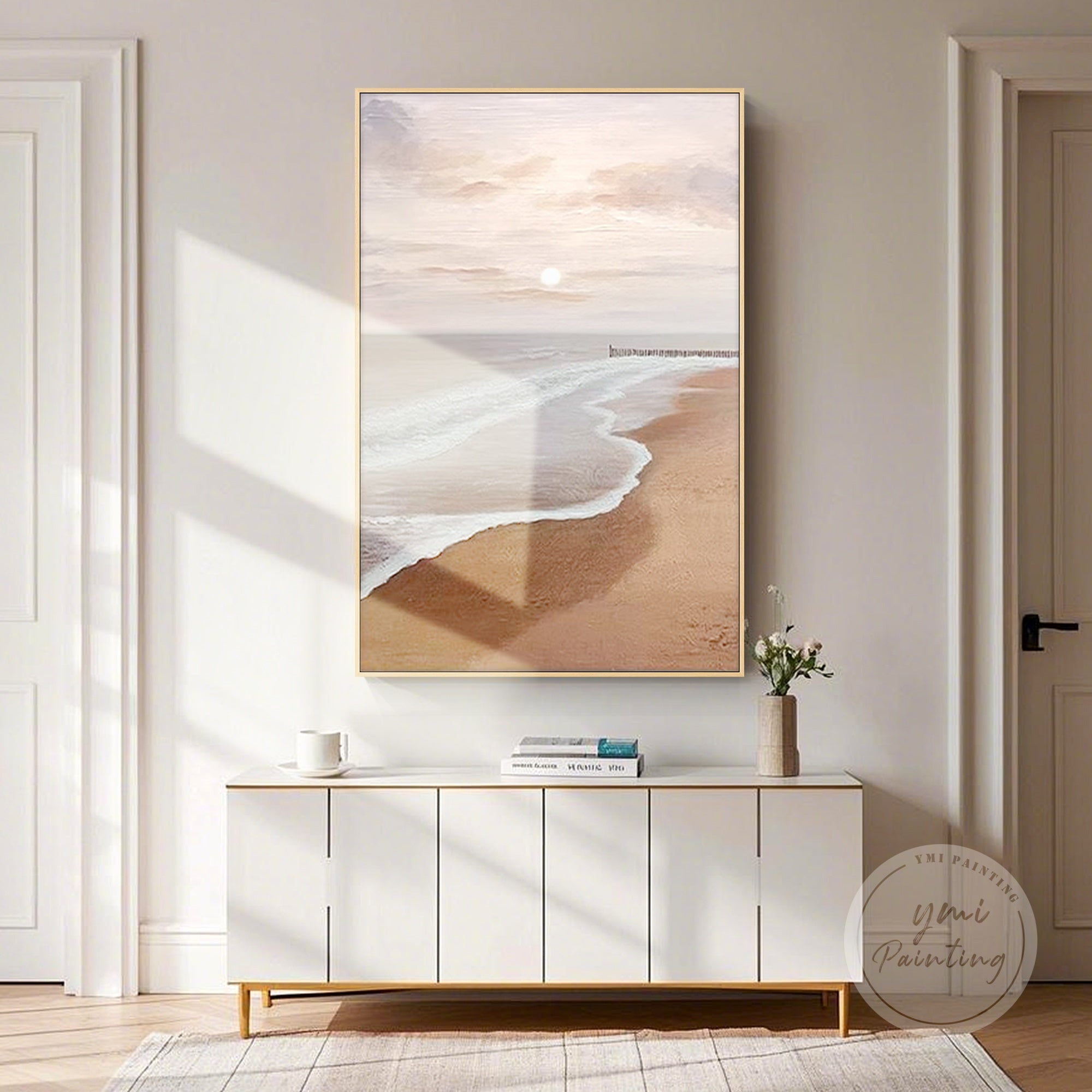 Large serene coastal wall art featuring soft peach and beige ocean waves, evoking calm and tranquility.