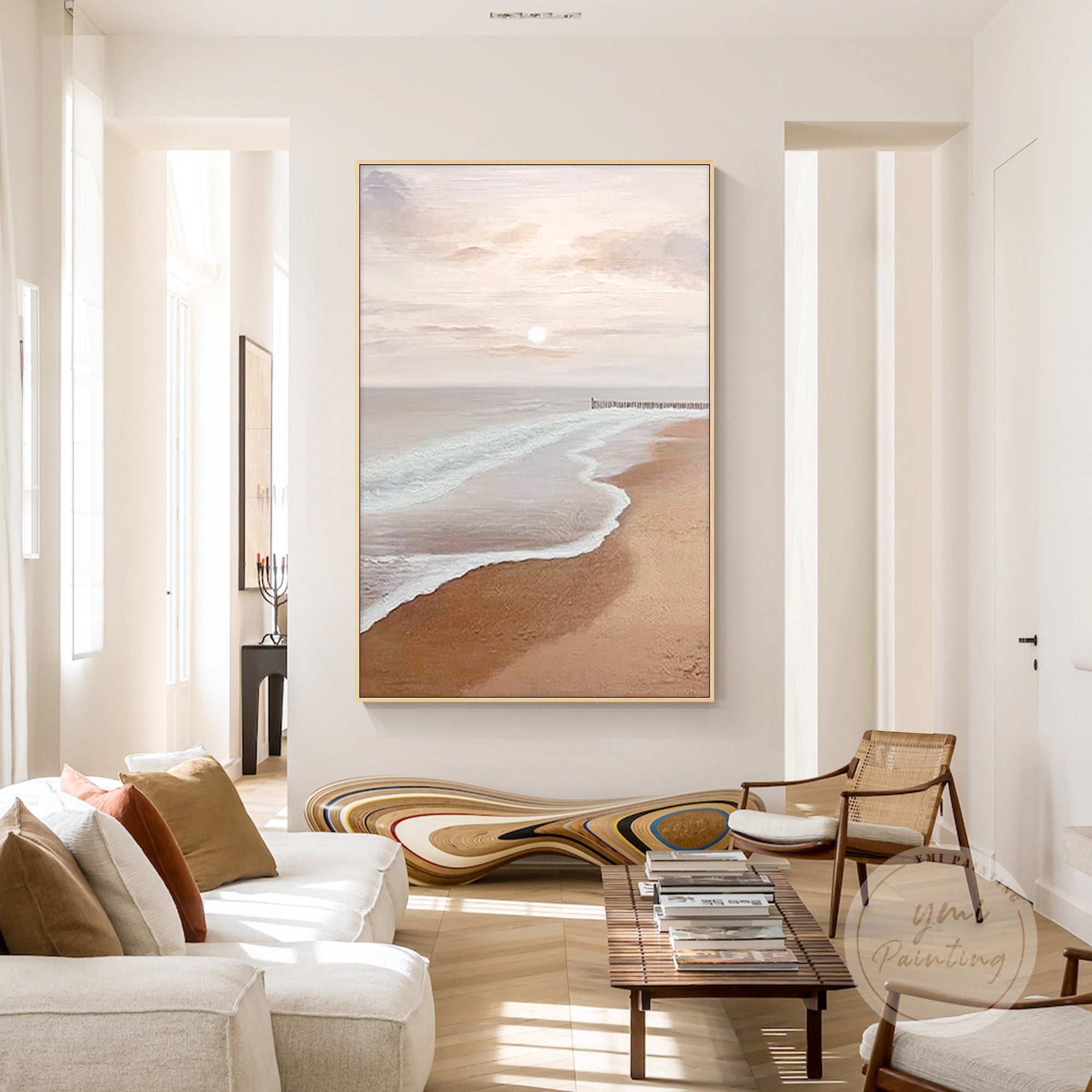 Hand-painted sunrise beach oil painting in warm tones of peach and beige, perfect for adding peaceful vibes to any room.