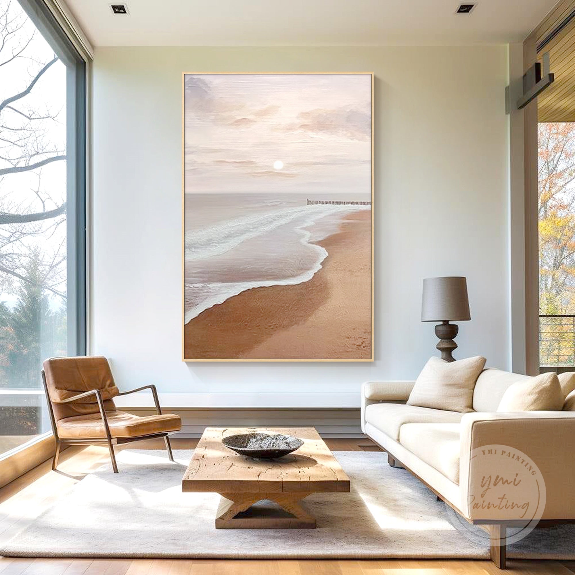 64x96 inch coastal landscape painting showcasing gentle waves and a soft sunrise, ideal for office decor or home relaxation spaces.