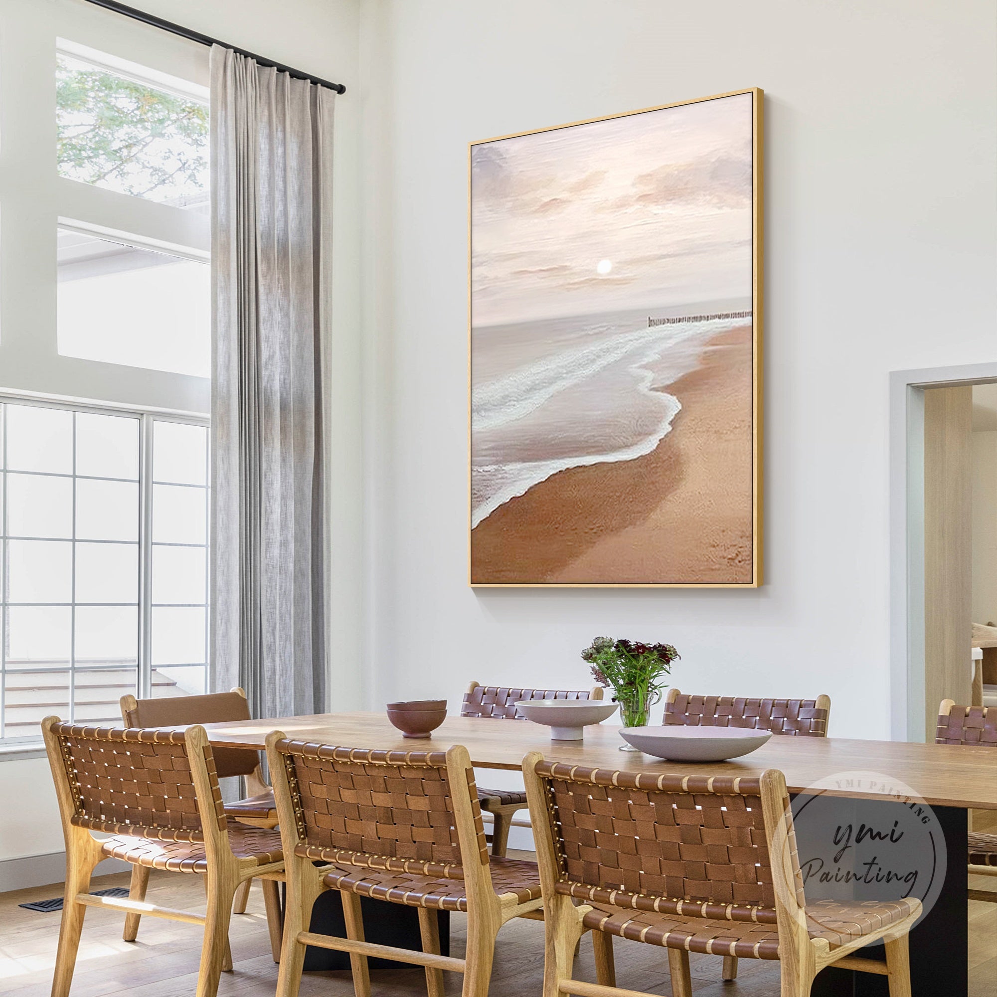 Soft peach beige ocean wave wall art with textured brush strokes, bringing warmth and serenity to your living area.