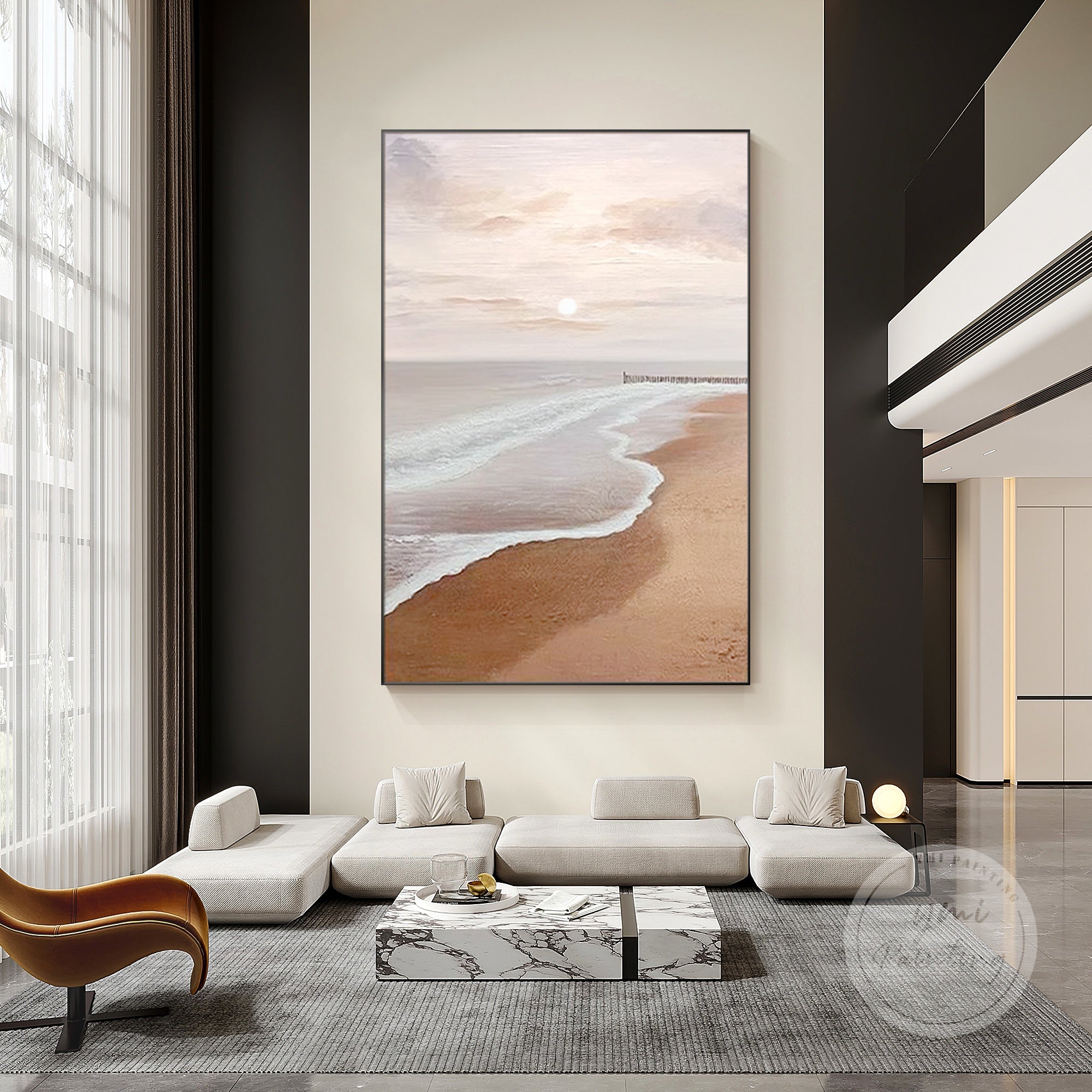 Sunrise beach oil painting with calm ocean waves and a muted pastel palette, designed to inspire peace and rejuvenation.