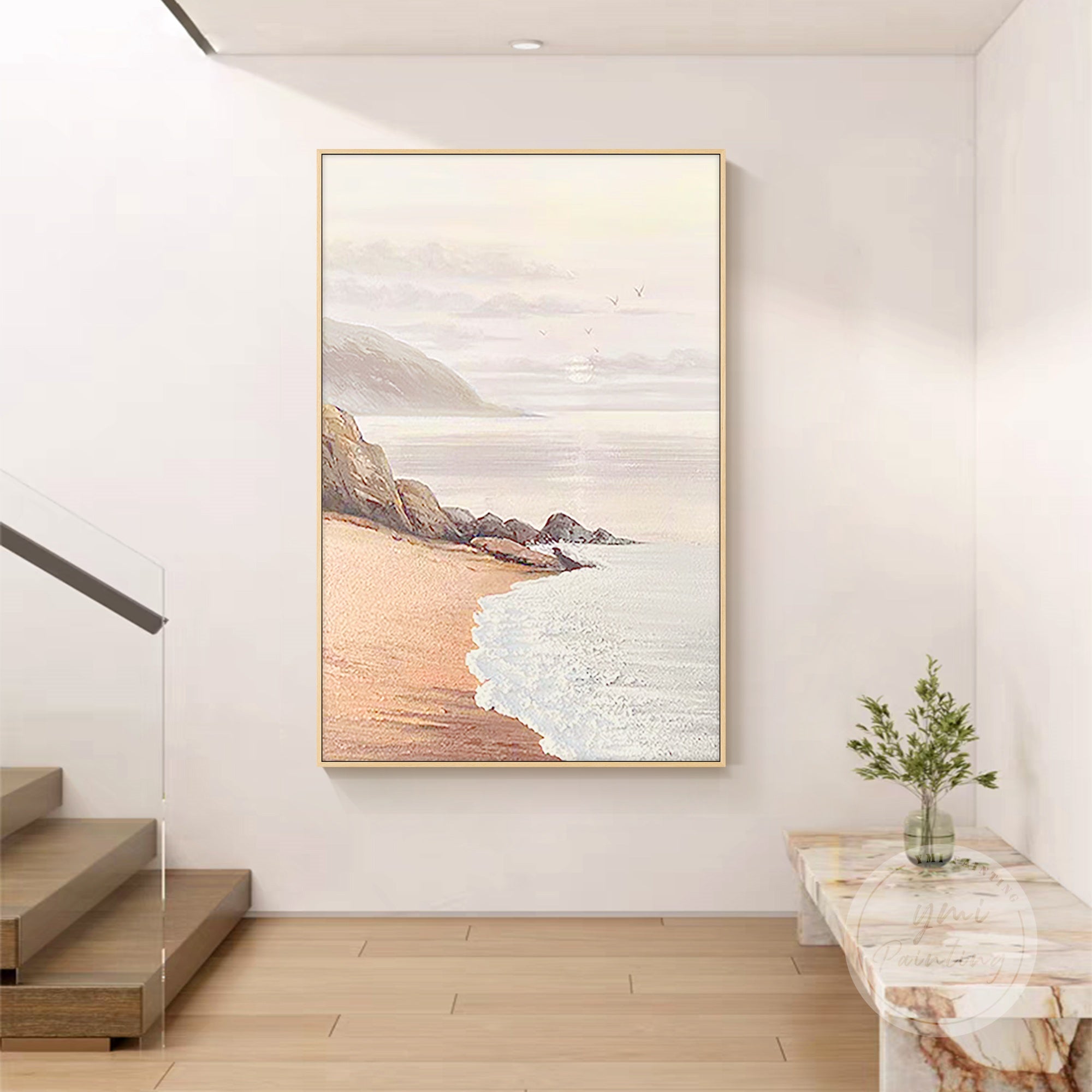 Large serene coastal wall art featuring soft peach, coral, and beige tones with ocean waves and sunrise seagulls, perfect for beach lovers.