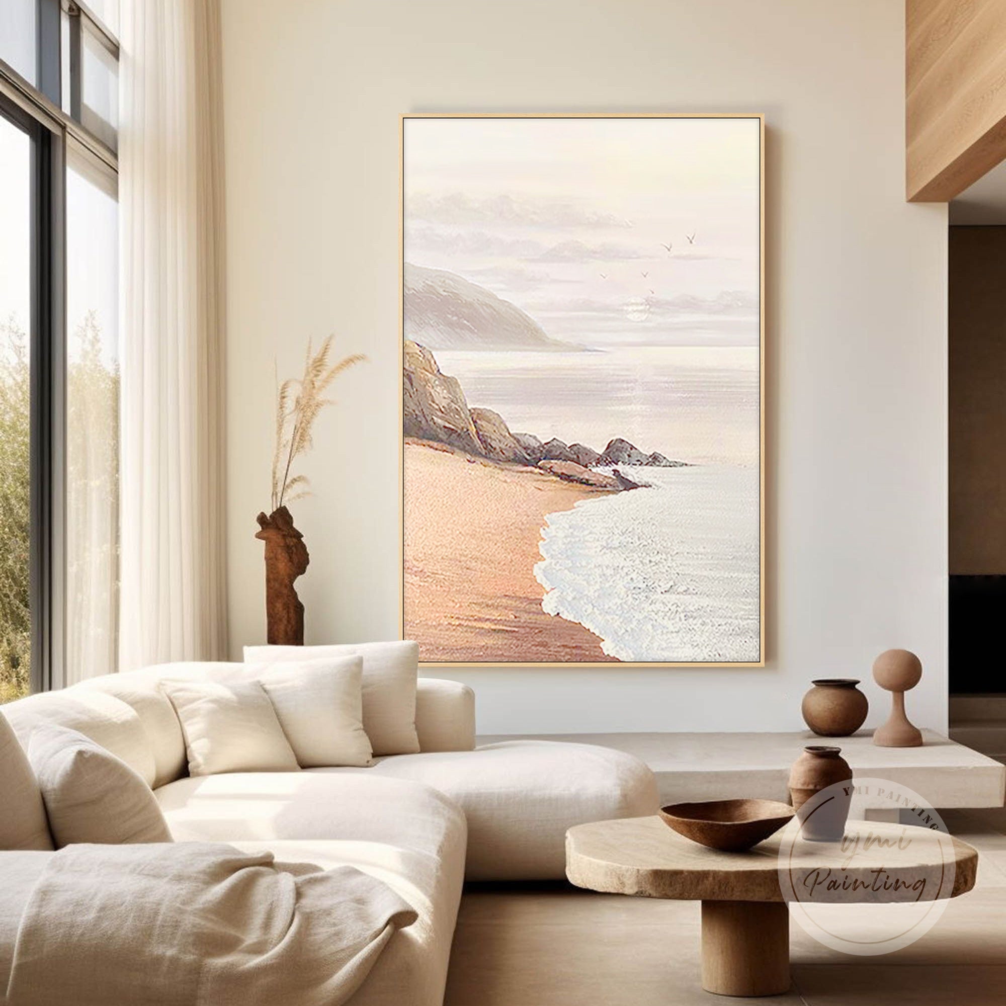 Soft peach and beige beach painting with gentle waves and flying seagulls at sunrise, evoking calm and tranquility.