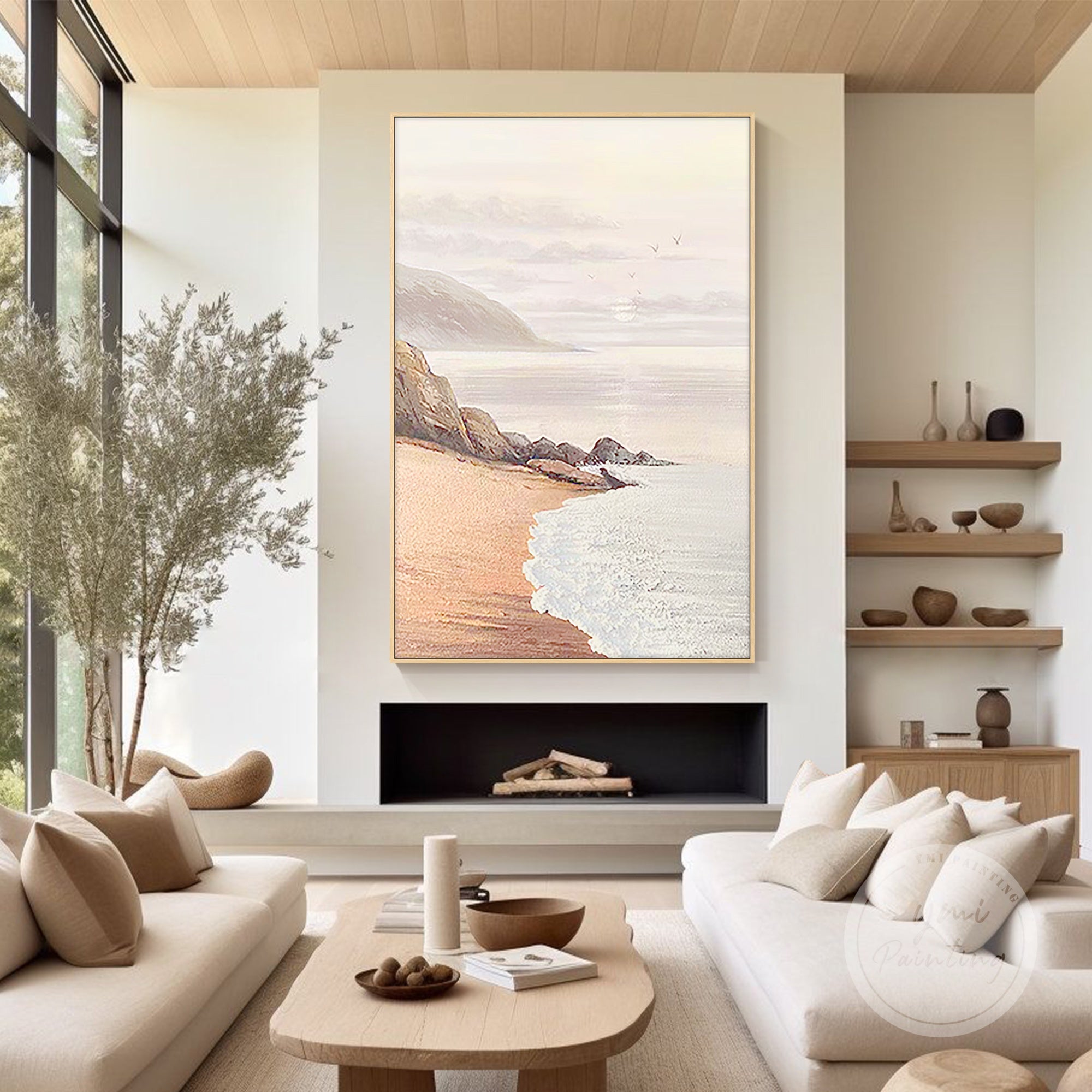 Coastal seascape artwork with coral hues and warm beige, showcasing ocean waves and morning sunlit seagulls.