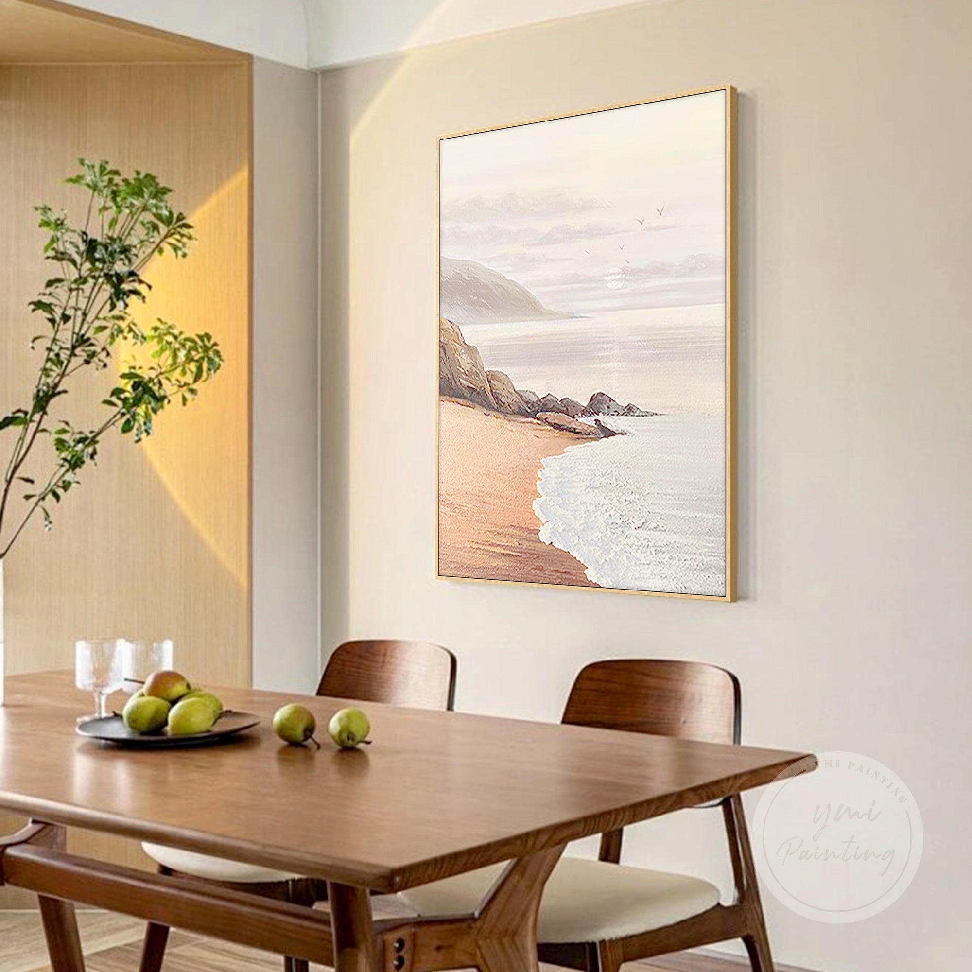 Abstract ocean wall art in soft peach and coral colors with seagulls soaring over the beach at sunrise.
