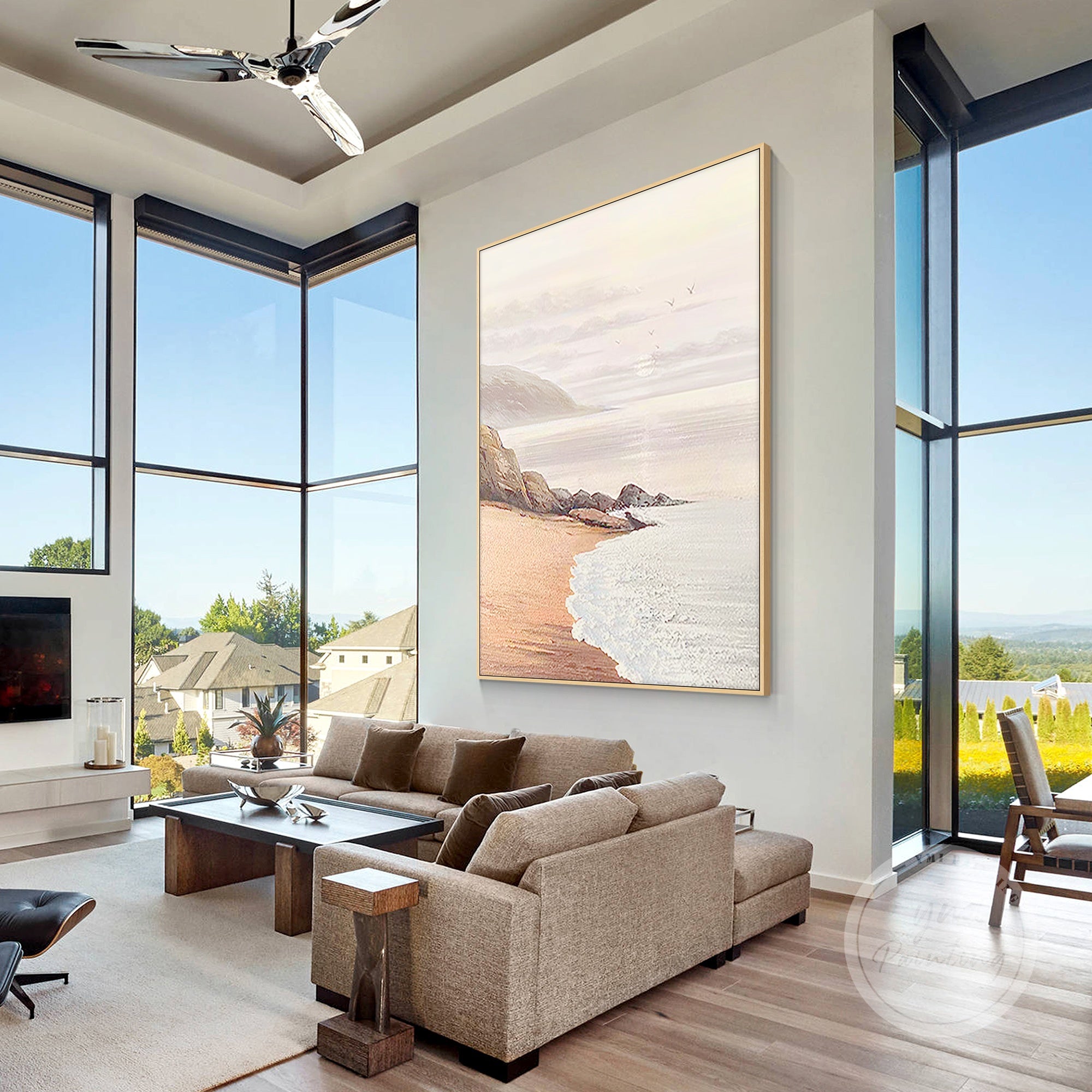 Peaceful beach scene with textured waves and sunrise seagulls, rendered in soft coral, peach, and beige tones.