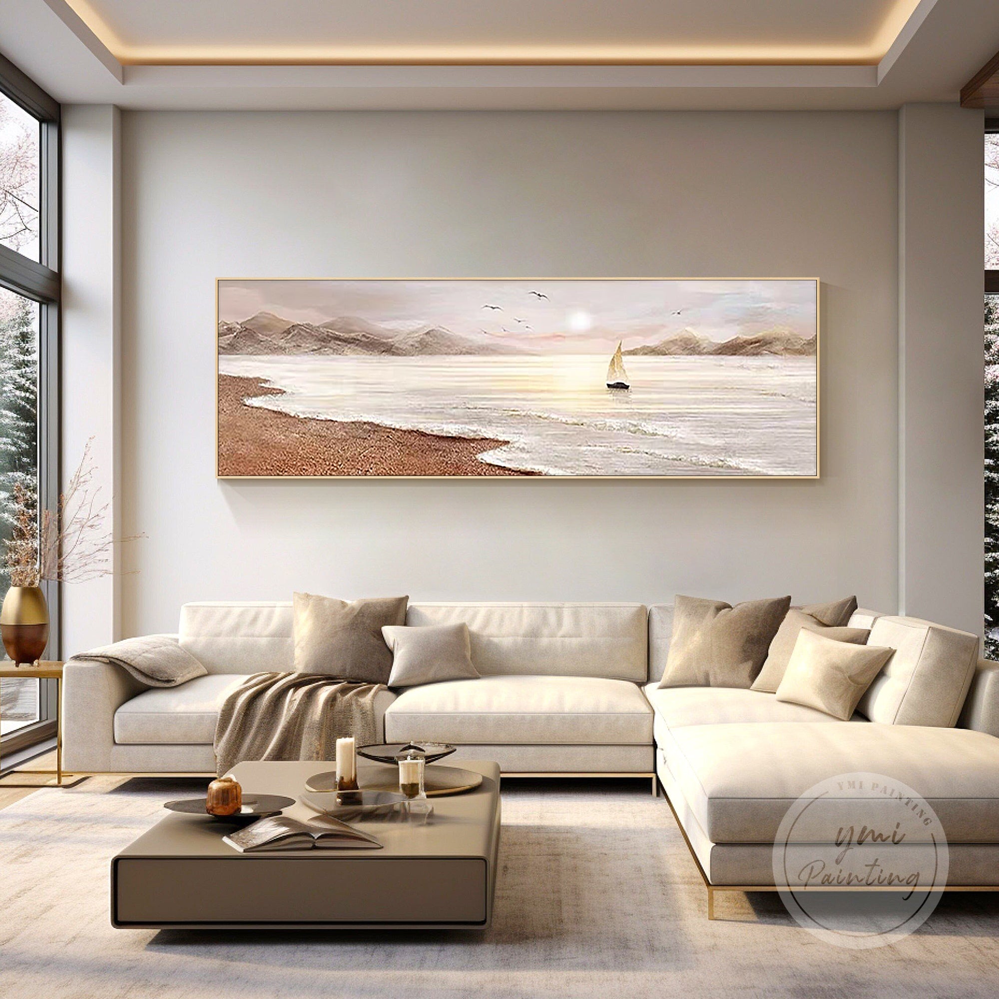 Luxury oversized 3D seascape wall art with a sunset sailboat in blush tones, perfect gift for ocean lovers, ideal for coastal living room or foyer.