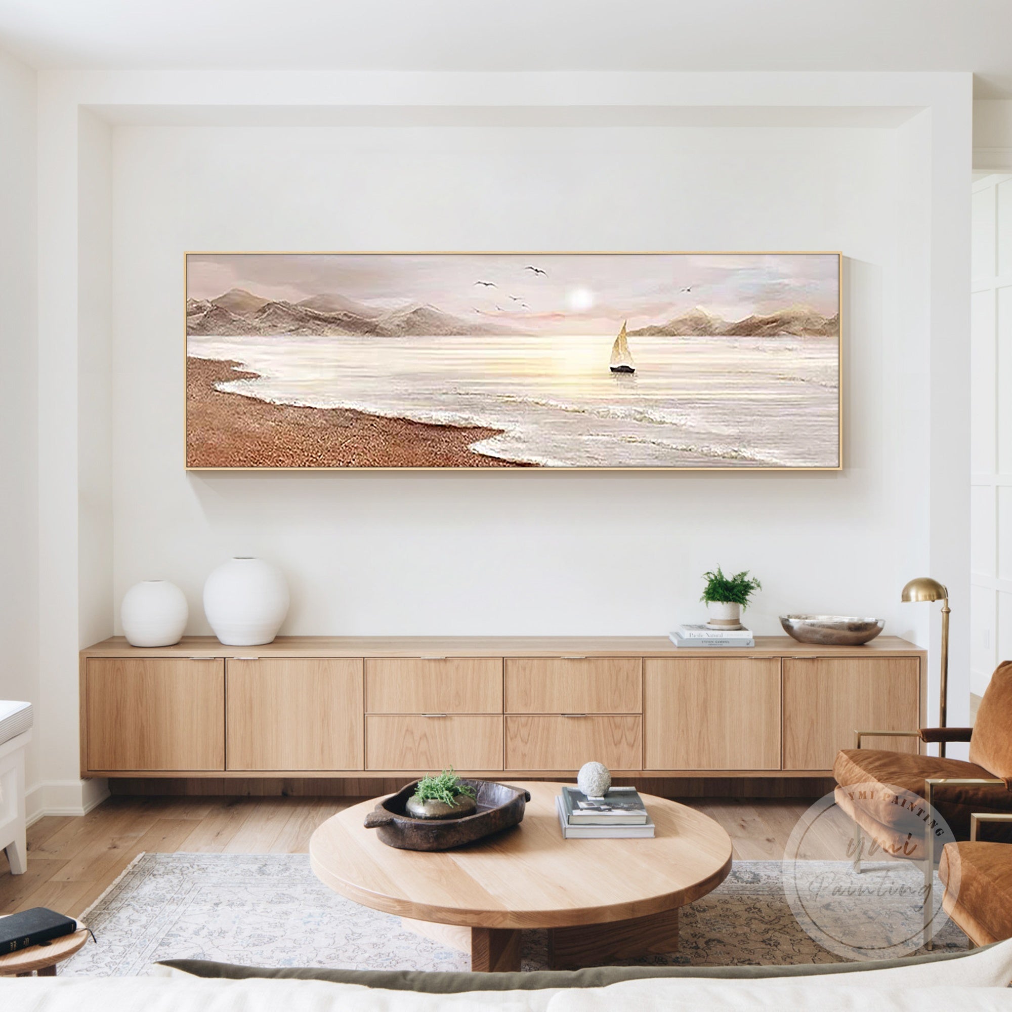 Large luxury textured coastal painting with gentle waves and soft pink sky, a thoughtful gift for newlyweds, ideal for beach house entryways.