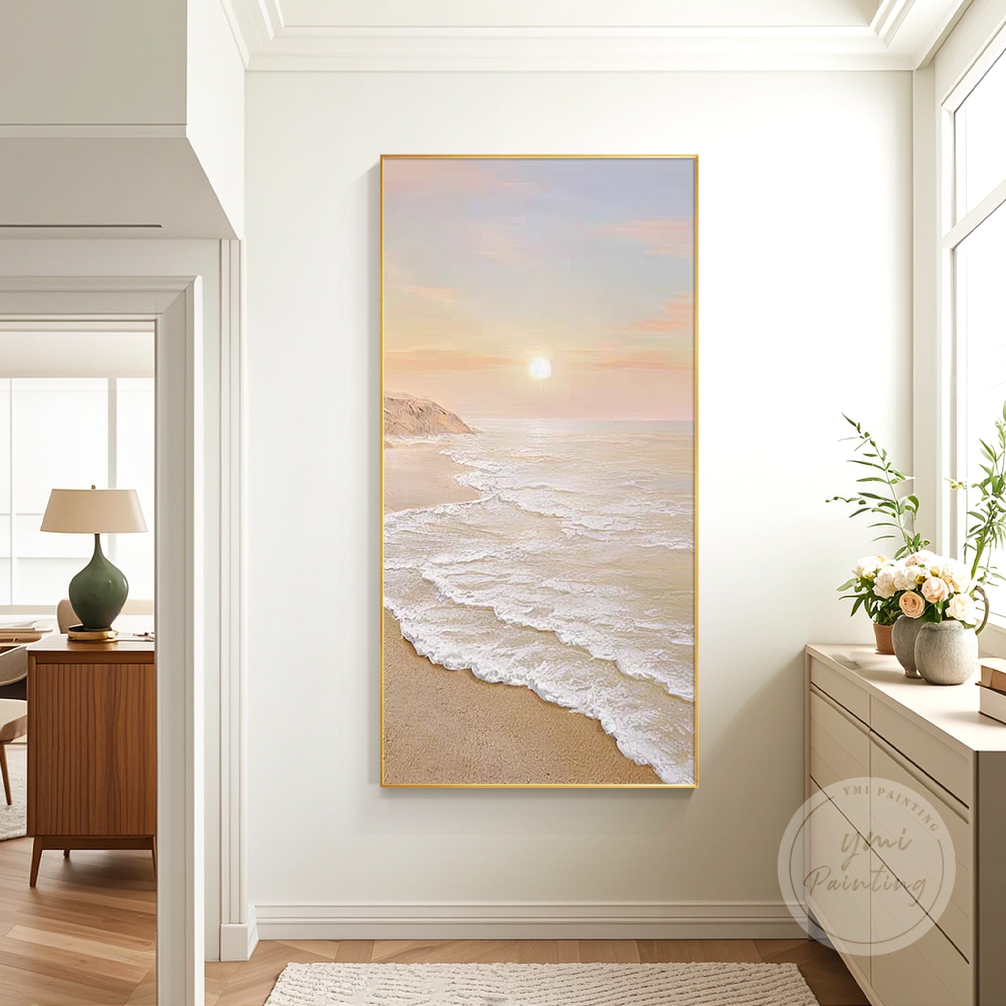 3D textured beach wall art featuring ocean waves at sunset with peachy pink clouds and caramel orange sand, perfect for coastal home decor.