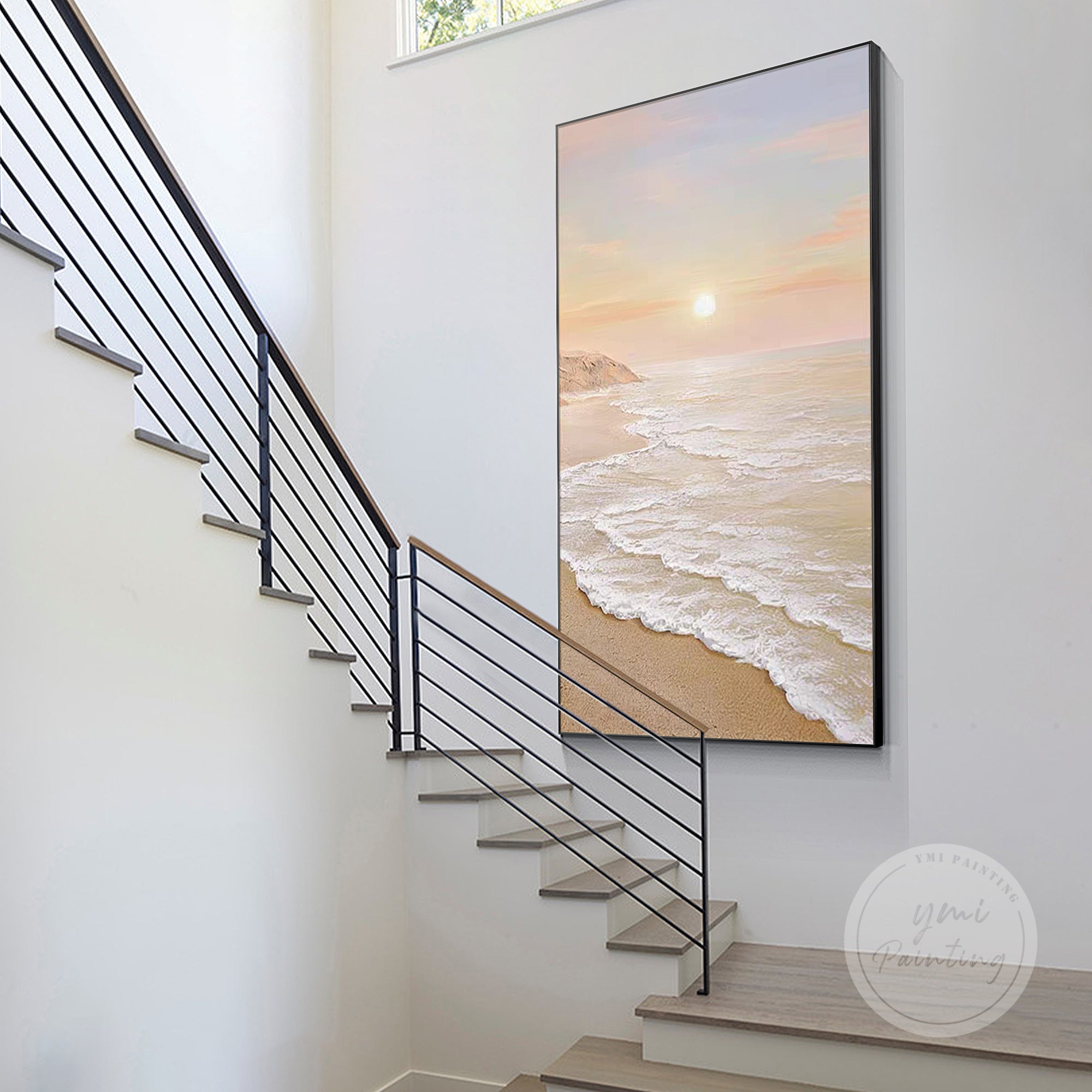 Stunning 3D sunset ocean waves painting in peachy pink and caramel orange, perfect for large coastal spaces or lobby decor.