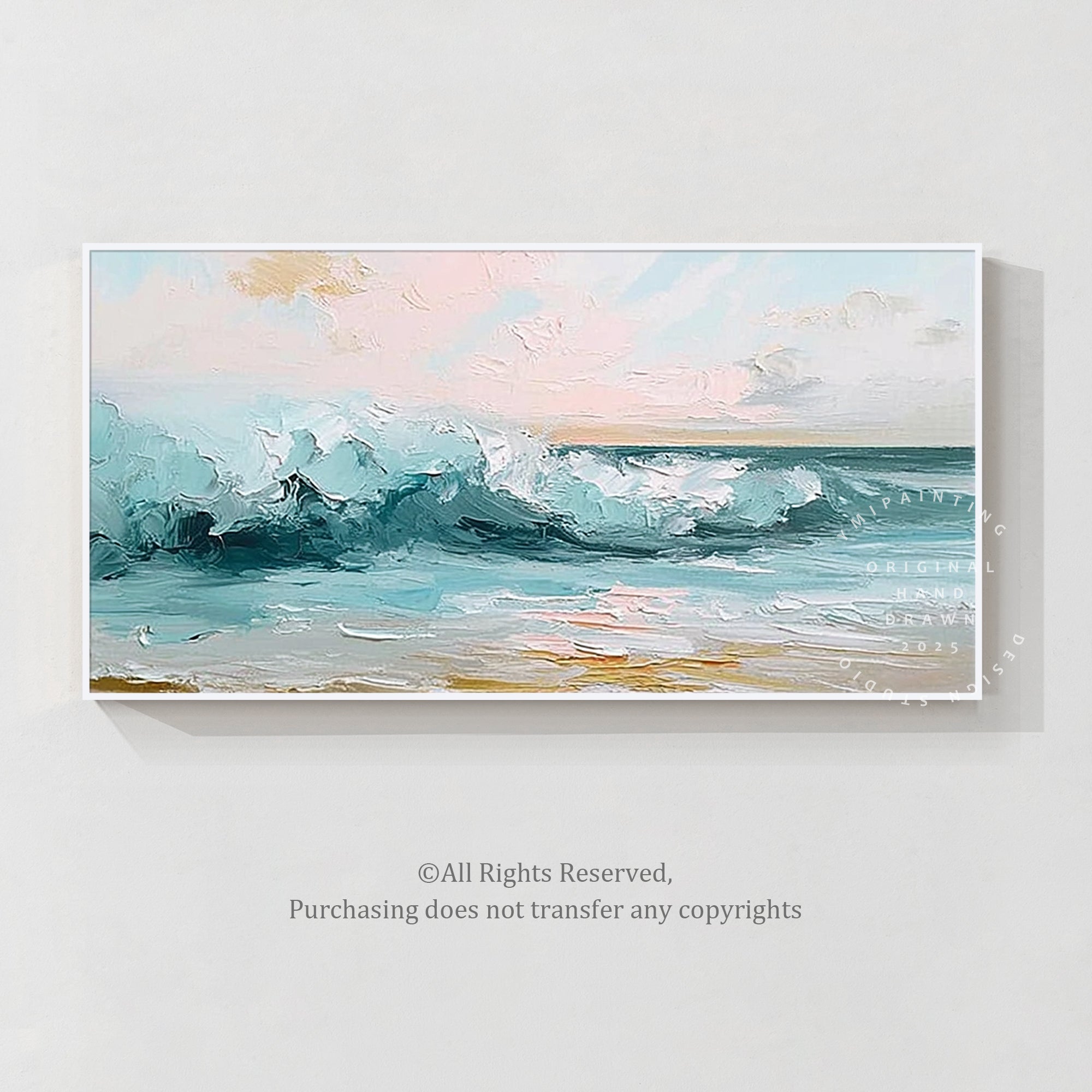 Large ocean wall art featuring textured blue waves crashing onto the shore.