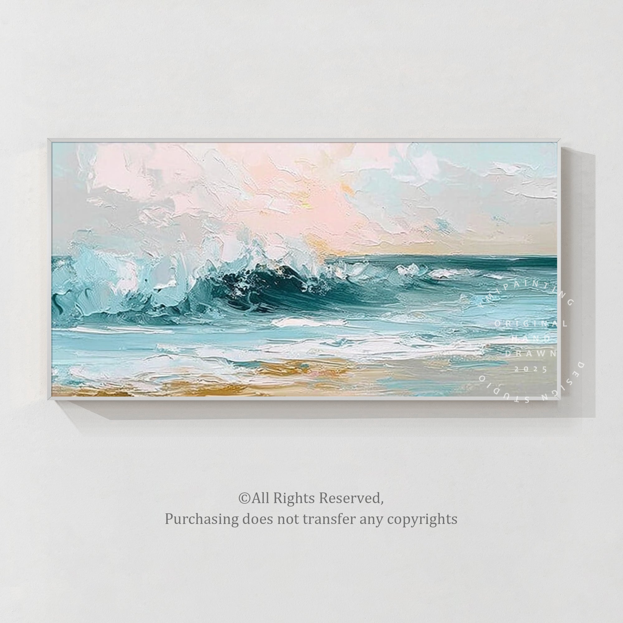 青色系 波と空の風景 絵画海 大きな青い波の海の絵 | テクスチャのある海の壁アート