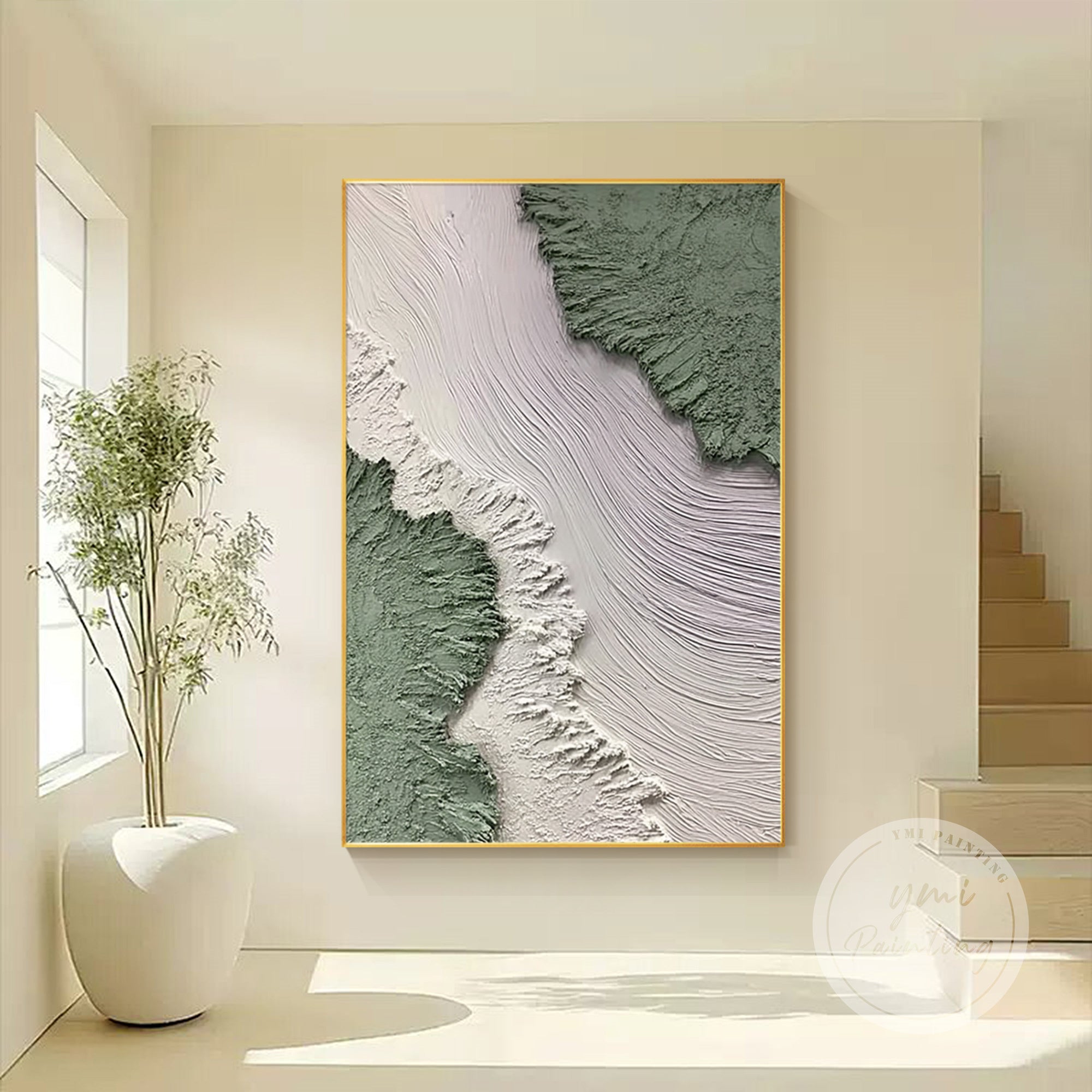 Obra de arte abstrata texturizada minimalista como ponto focal na sala de estar.