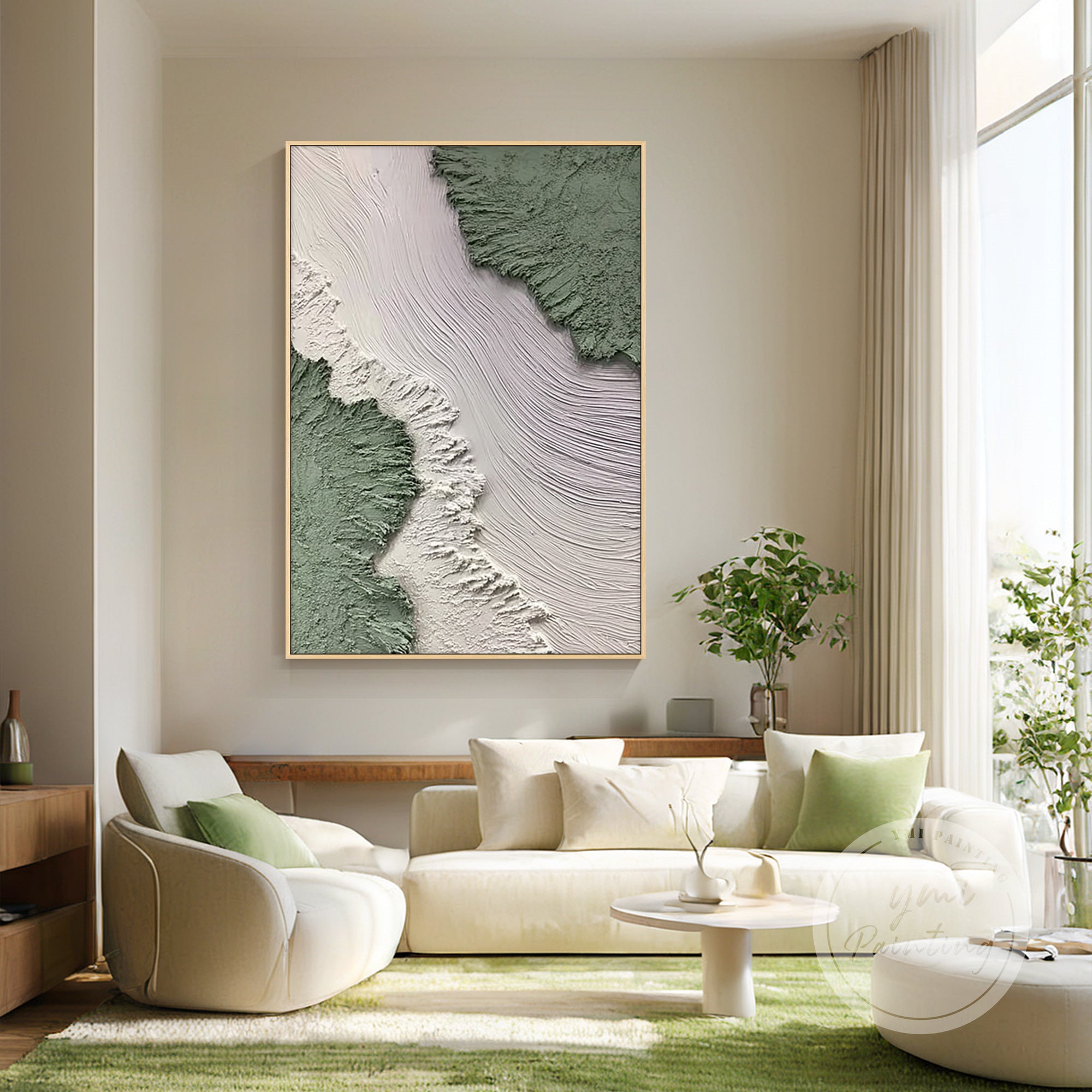 Obra de arte texturizada inspirada no oceano colocada numa sala de jantar contemporânea.