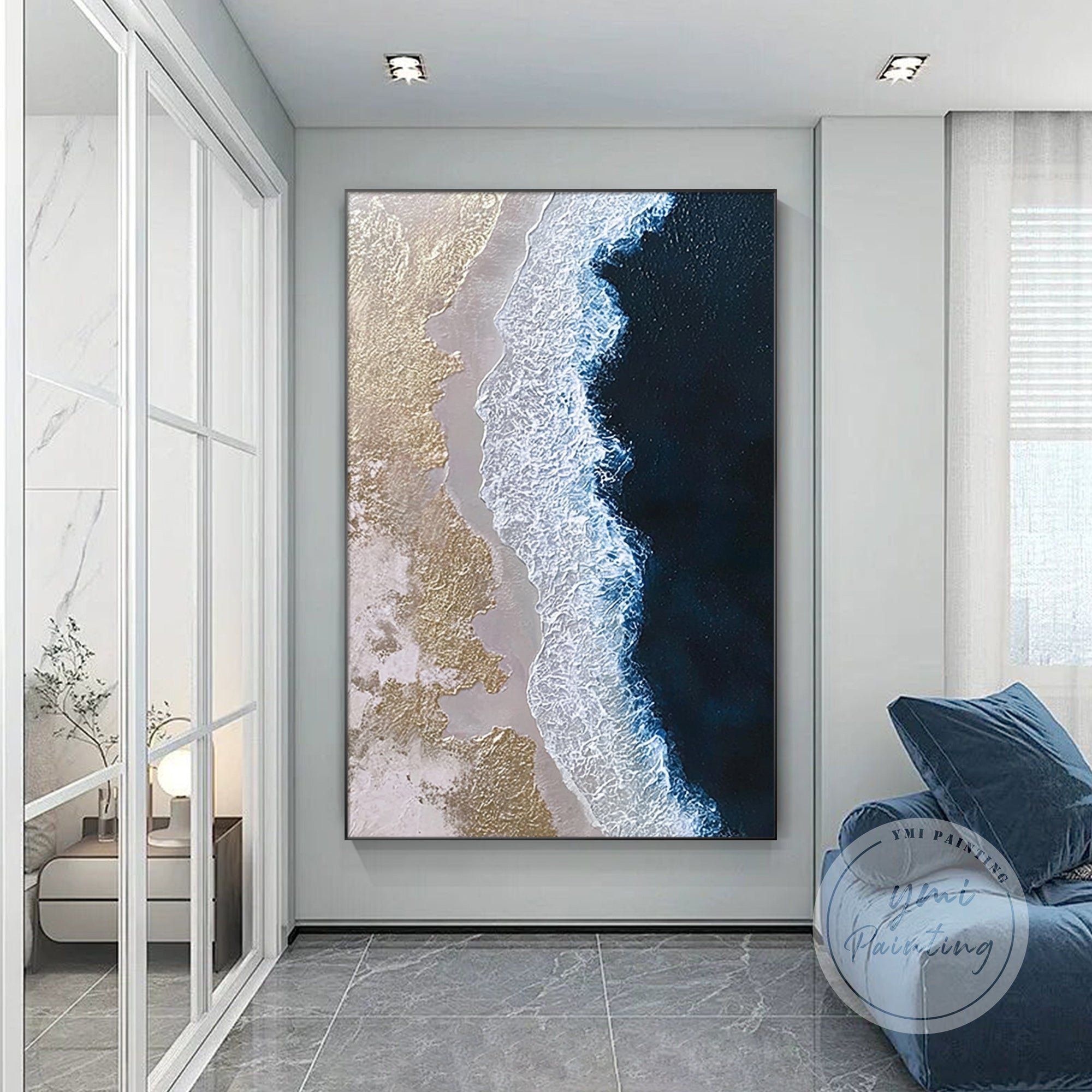 Blue ocean seascape artwork isolated on white wall background.