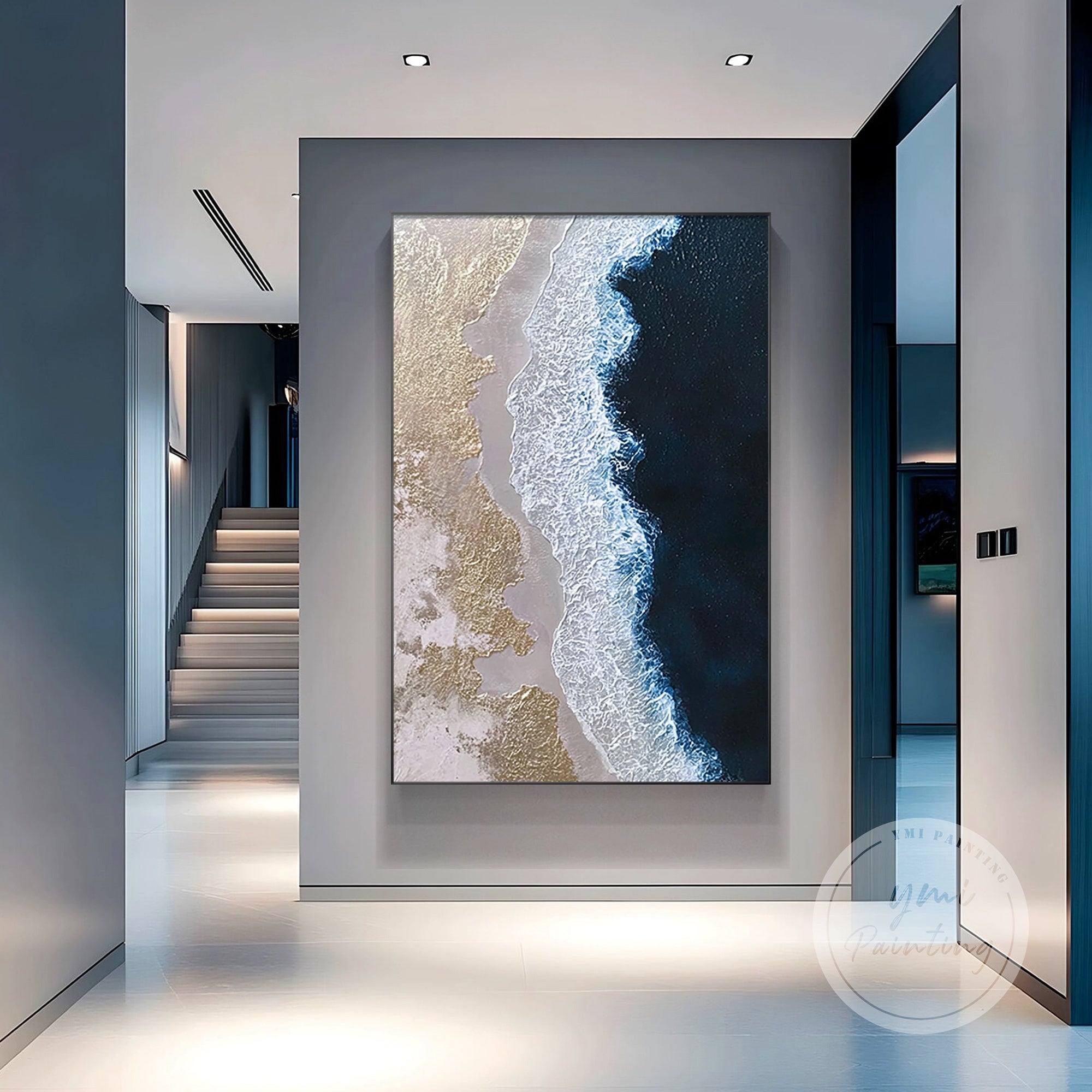 Abstract beach aerial painting on minimalist white wall.