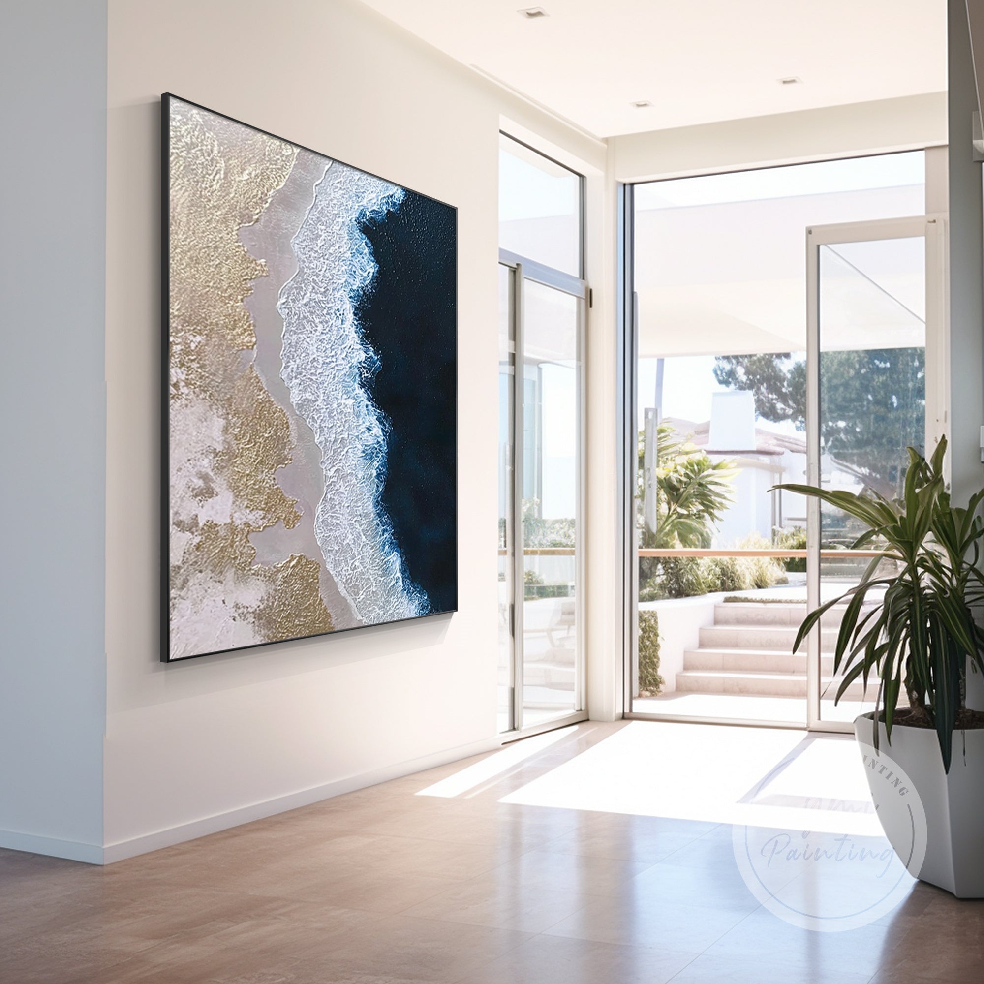 Ocean wave wall art on clean white wall backdrop.