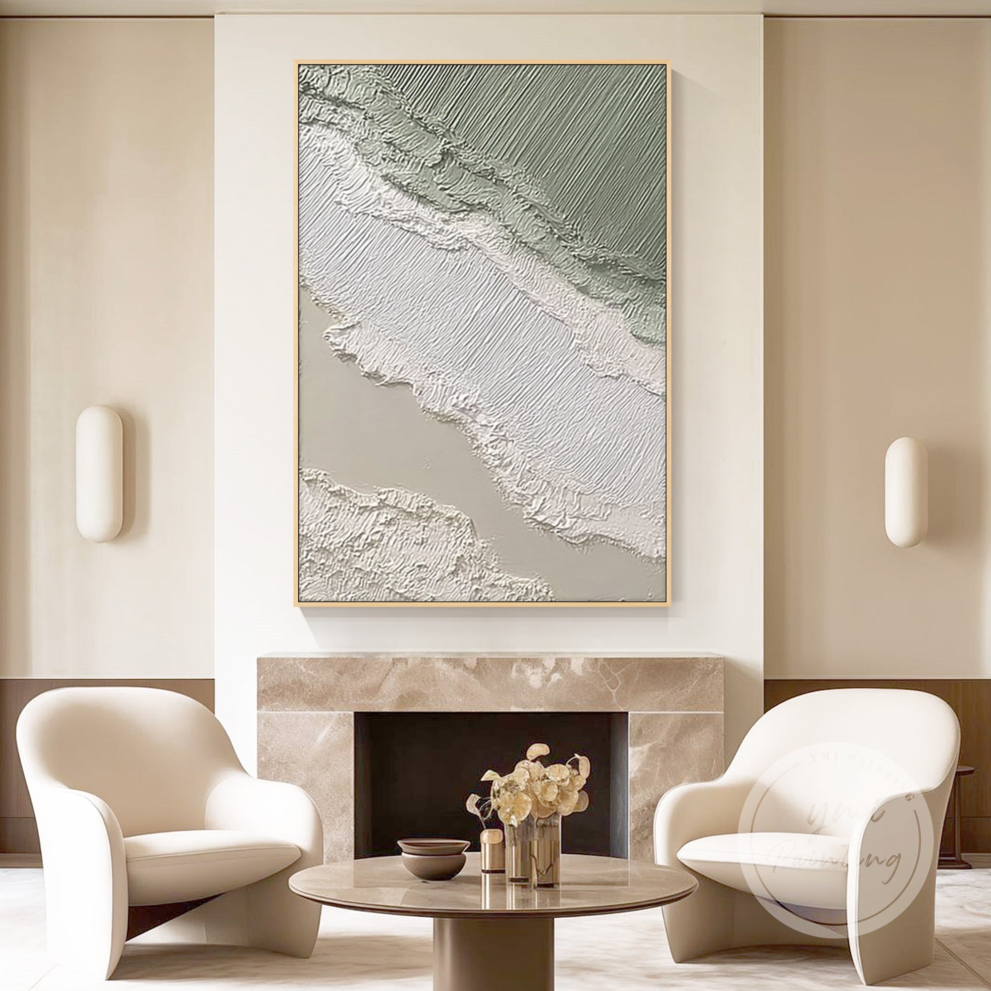 green neutral textured canvas above sofa in living room