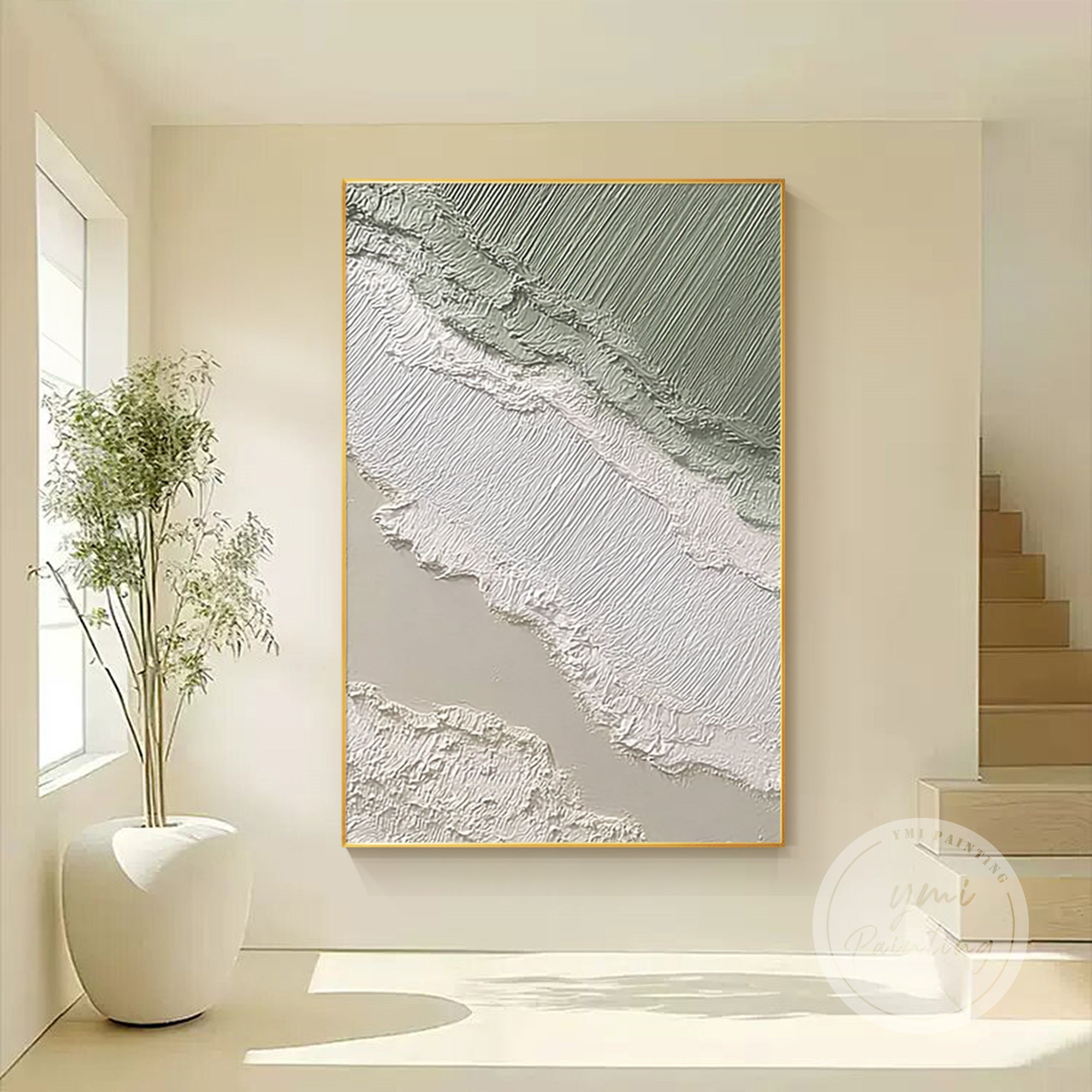 abstract textured wall art on simple blank wall