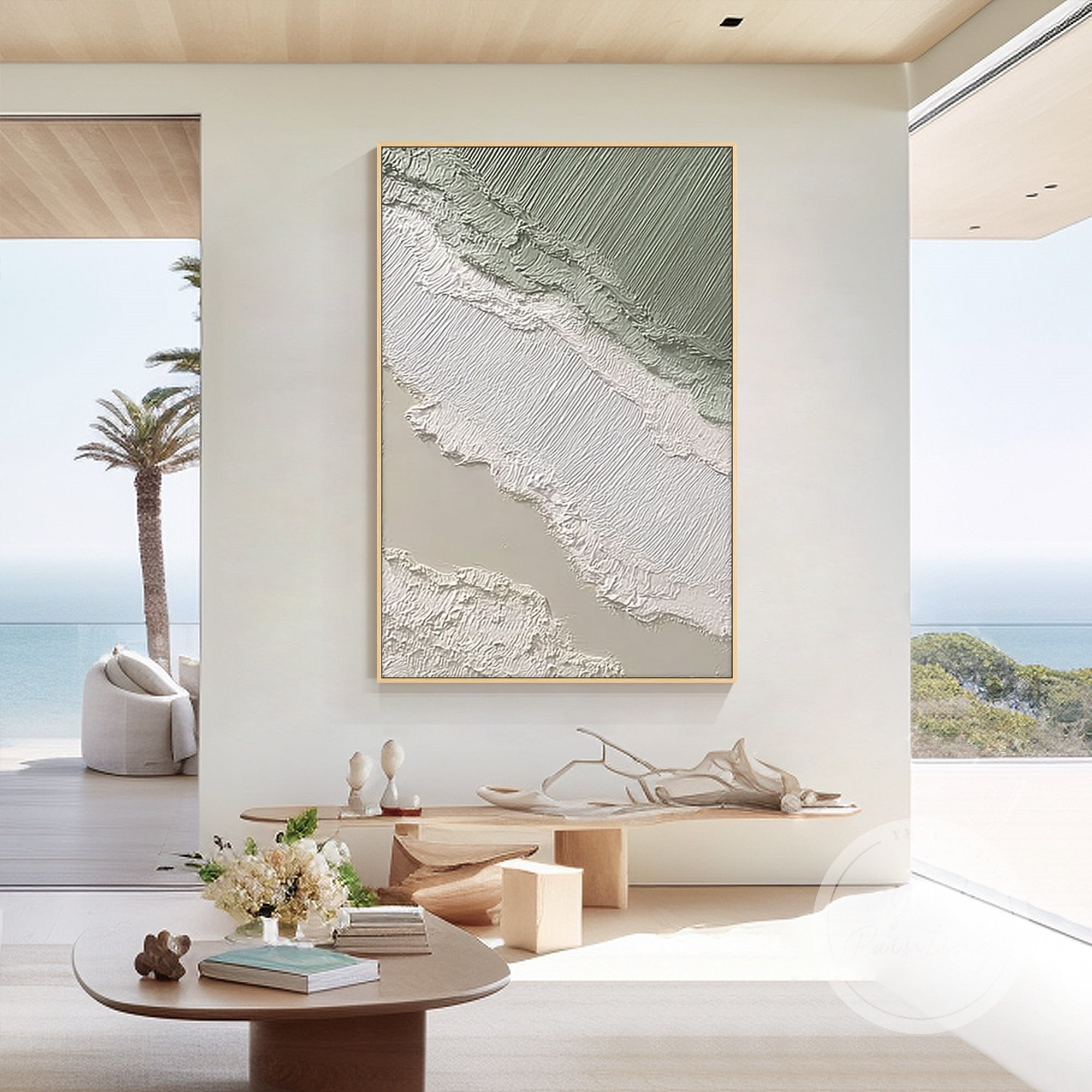 coastal abstract wall art displayed in dining room