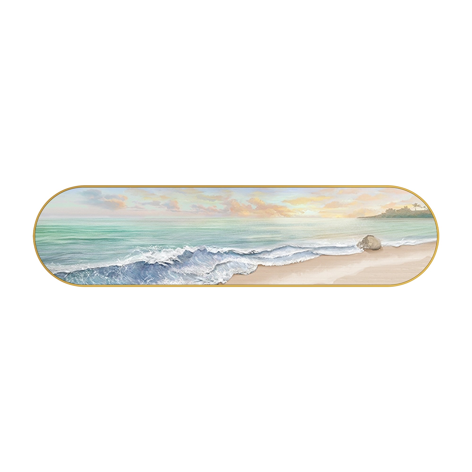 Coastal decor artwork with gentle waves and a peaceful atmosphere hang over the cozy sofa.