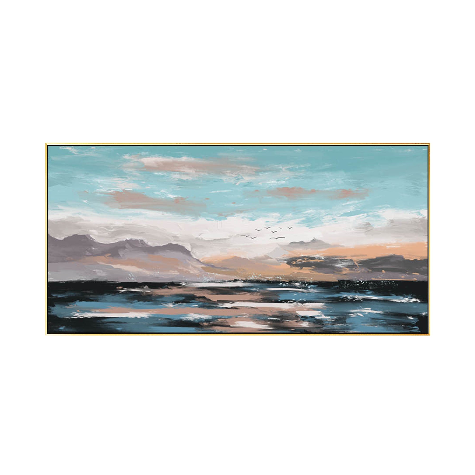 Ocean painting with tranquil waves in blue and turquoise, featuring soft peach and lavender sky.