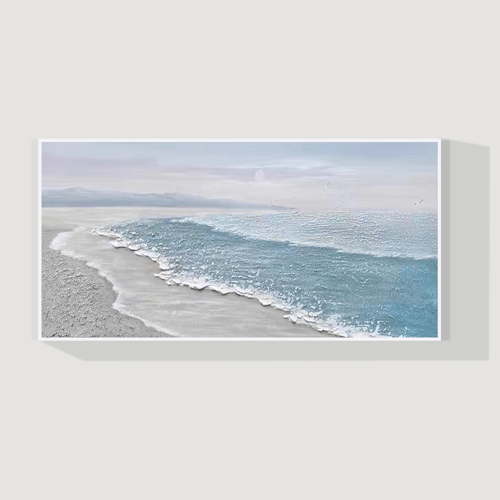 Serene 3D Ocean Wall Art, Large Beach Painting in a white frame