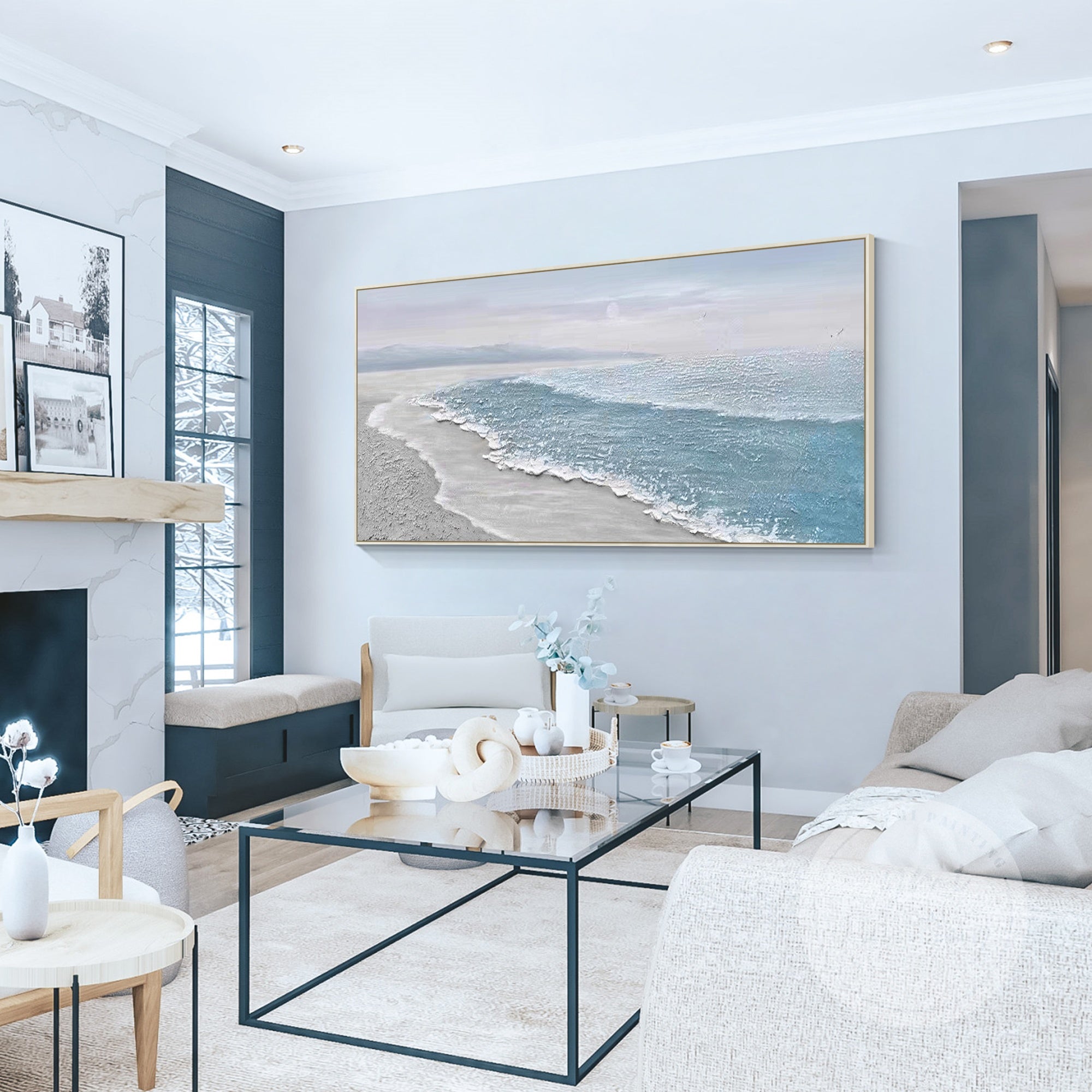 Cheerful Beach Painting, Large 3D Ocean Art, Textured Wall Decor, Coastal Bedroom Framed Art
