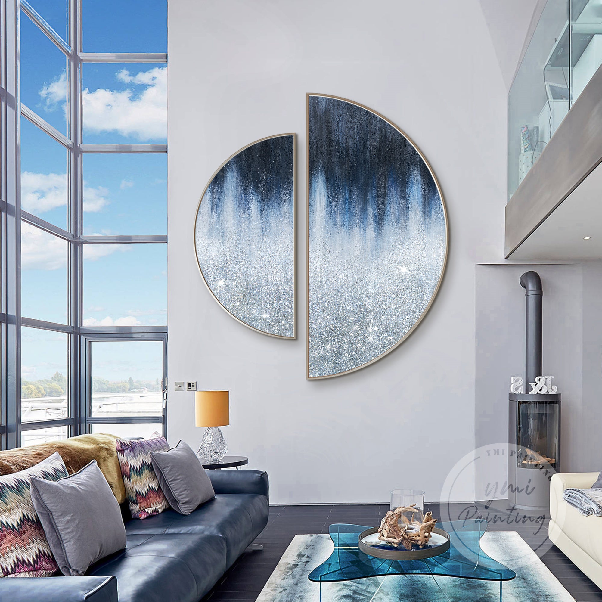 Large round glitter art with semicircle frame in silver and blue, embellished with crushed glass.