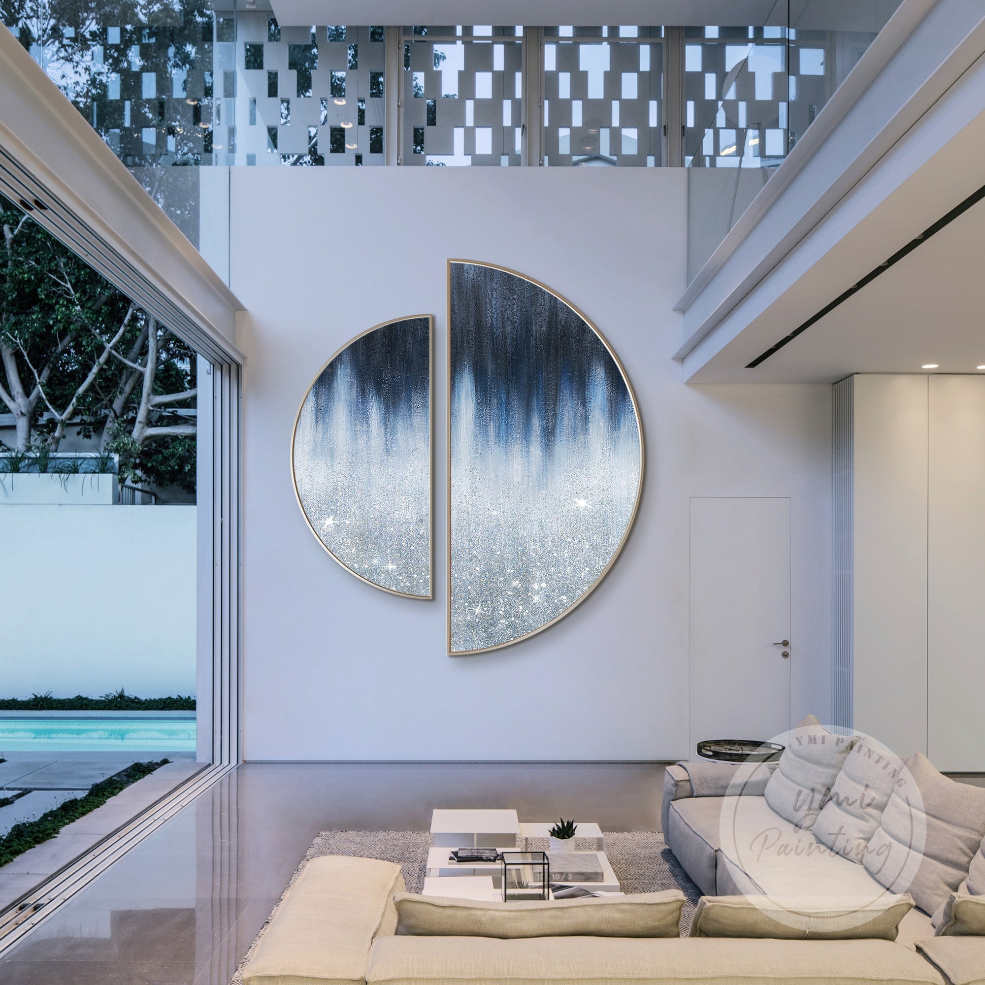 Glam wall decor featuring sparkling textures, semicircle composition, and bold metallic tones.