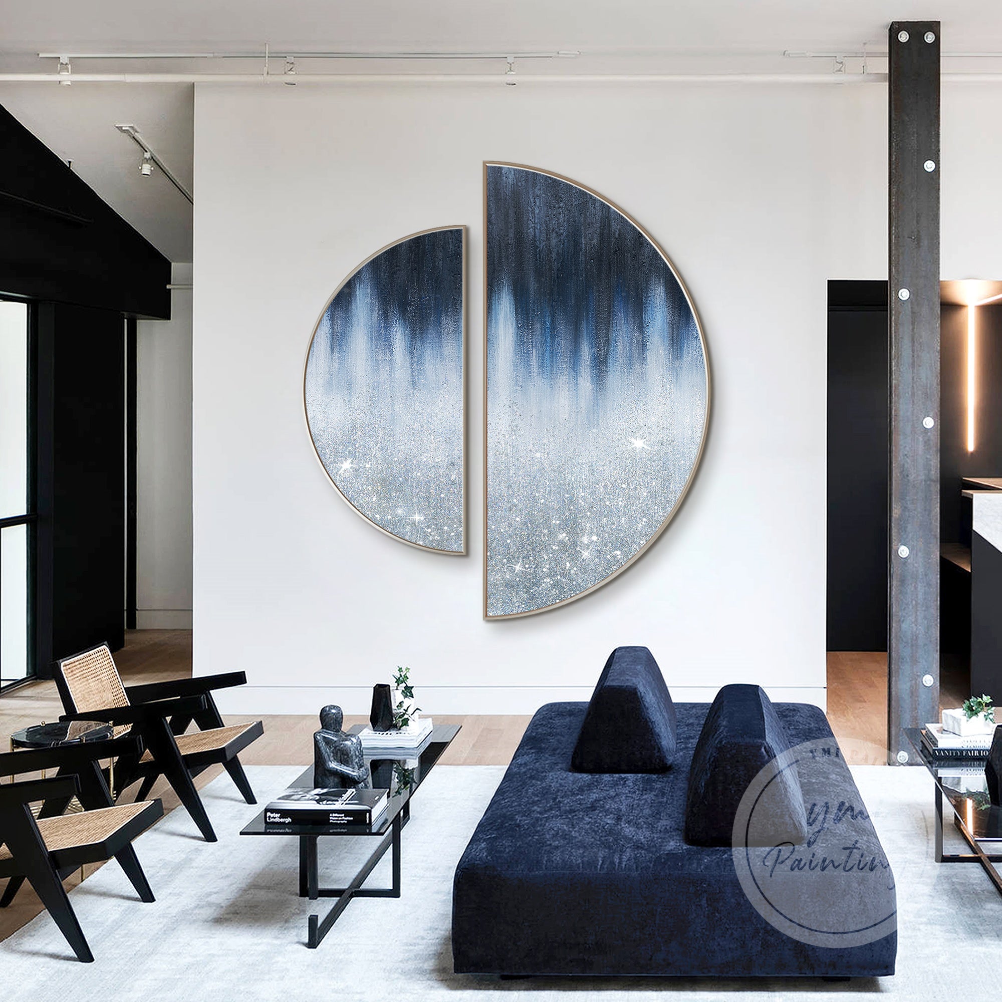Crushed glass wall art in semicircle layout with blue and silver glitter accents.