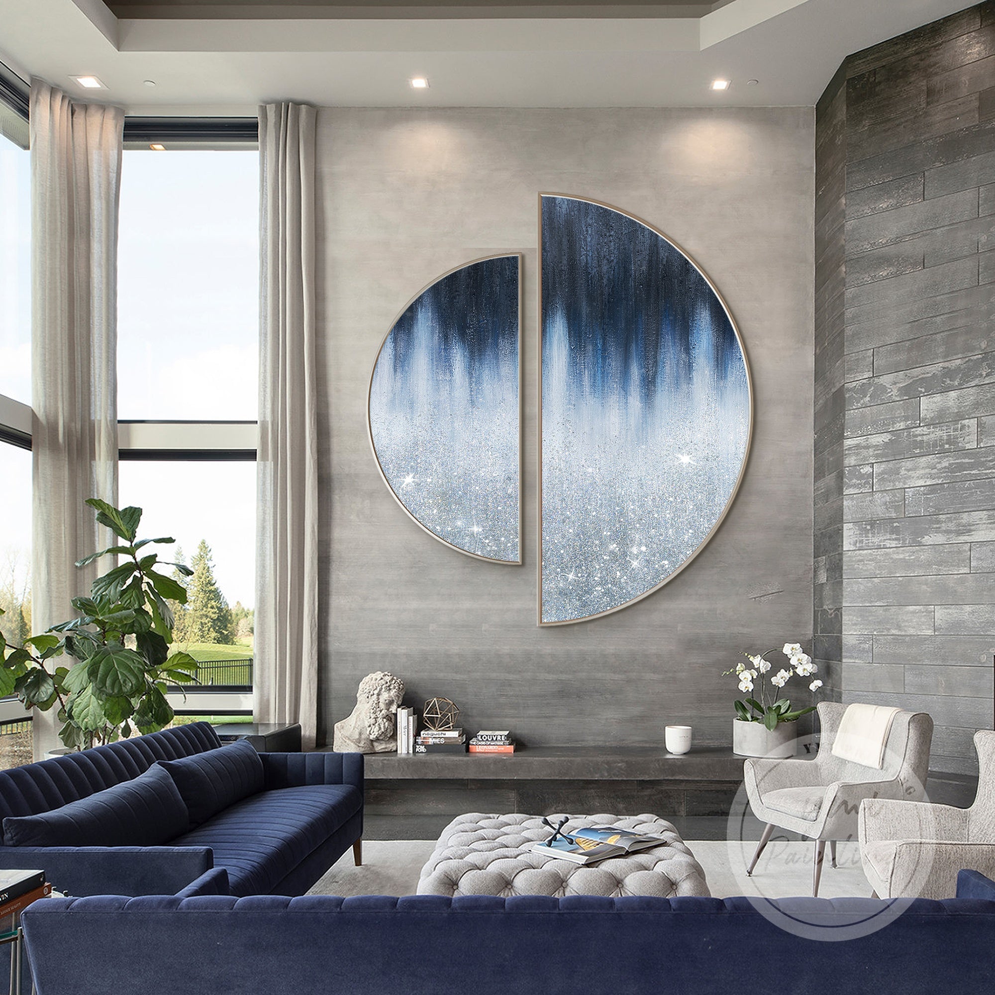 Sparkling semicircle artwork for glamorous spaces, combining shimmer and elegance.