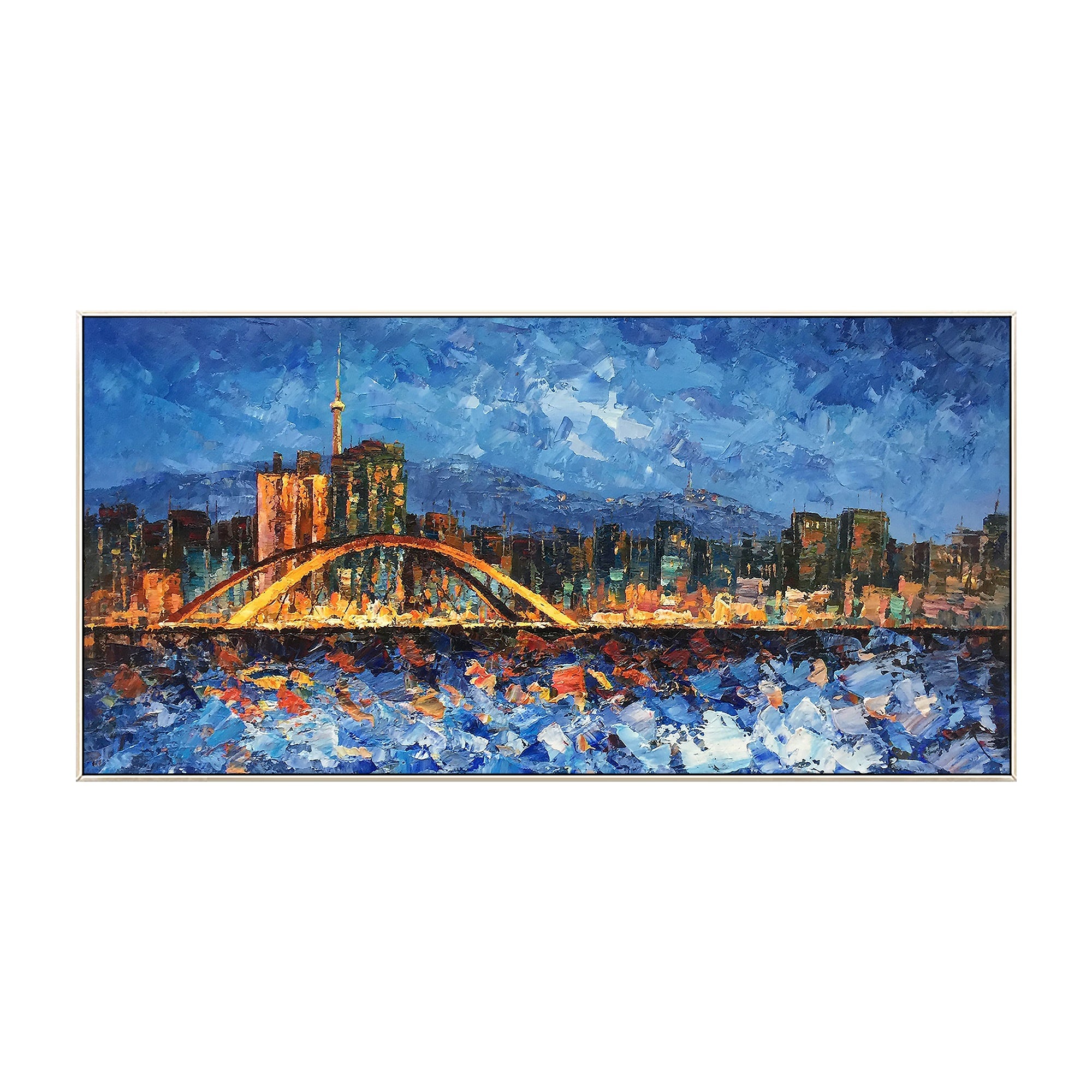 Seoul cityscape oil painting, modern abstract framed canvas art featuring vibrant city skyline.