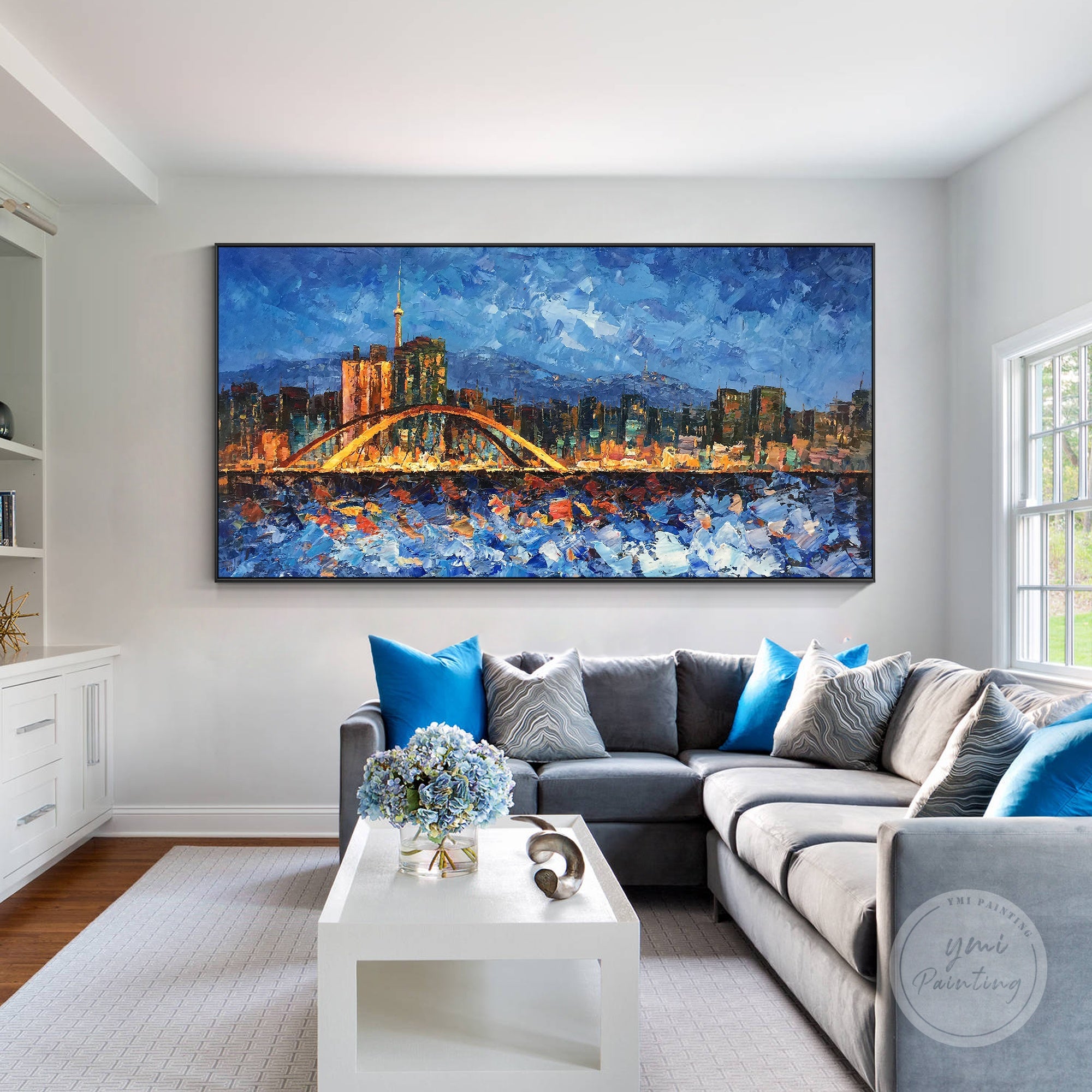 Original Seoul skyline painting, modern abstract cityscape with rich colors and expressive strokes.