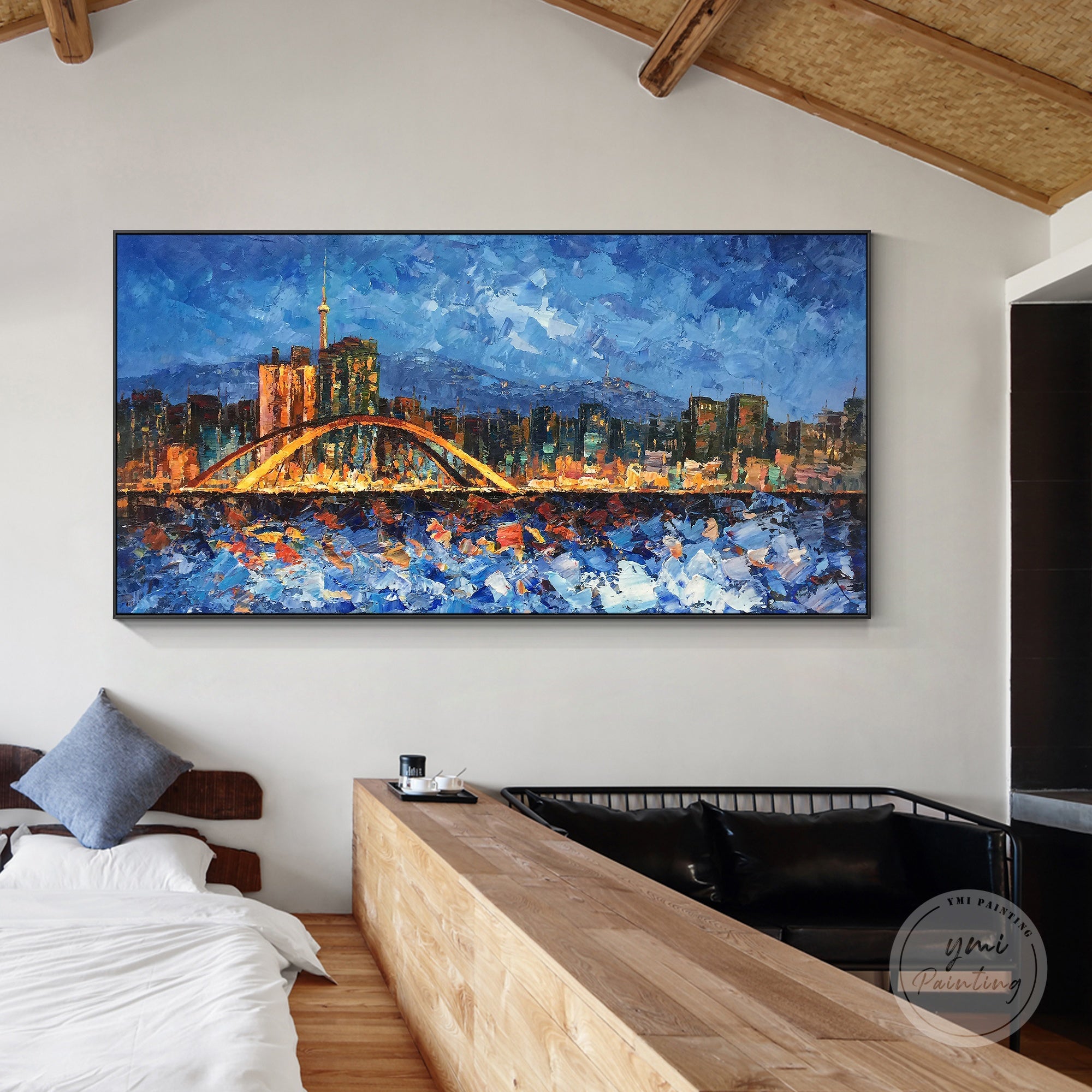 Hand-painted Seoul cityscape, abstract design with bold strokes and vibrant colors on framed canvas.