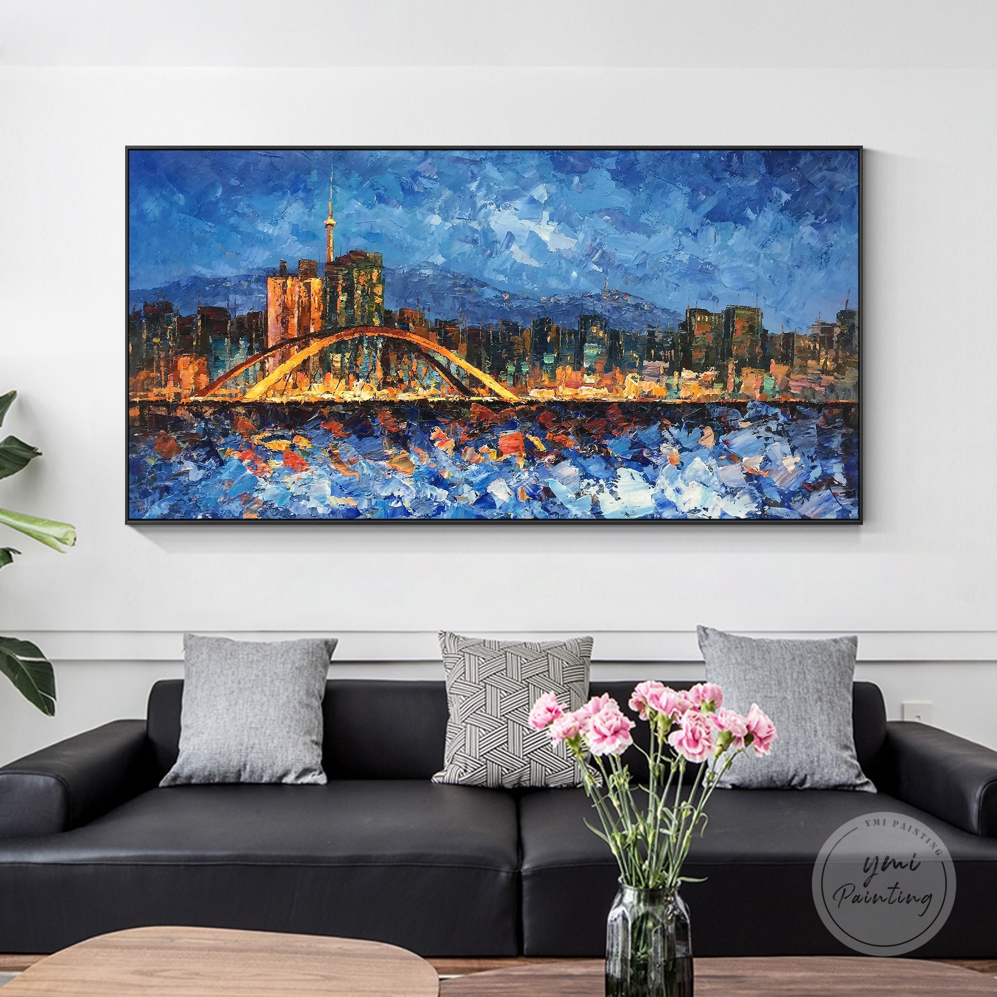 Hand-painted Seoul city skyline, modern abstract cityscape on framed canvas, full of dynamic color.