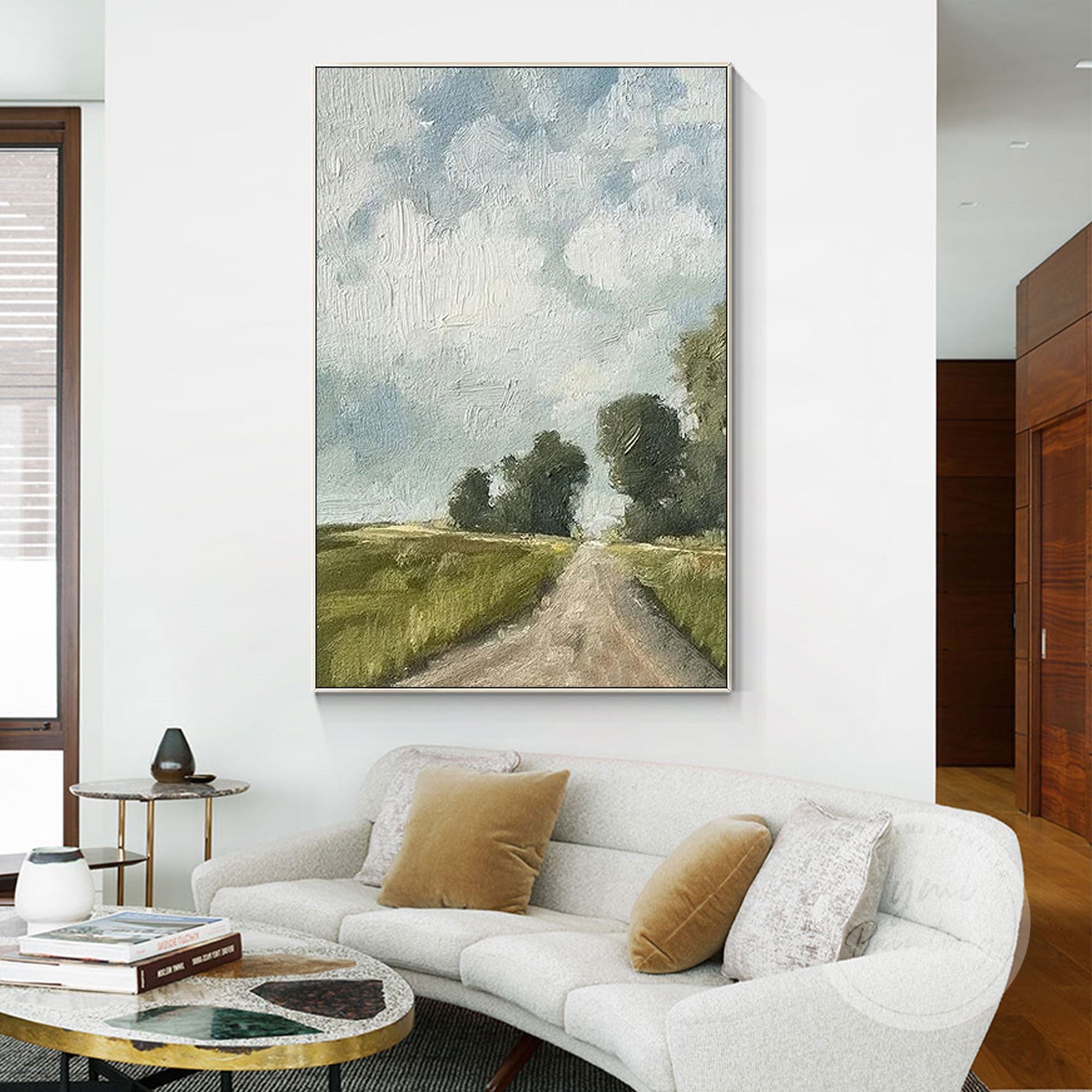Textured oil painting of a green field country road in minimalist style
