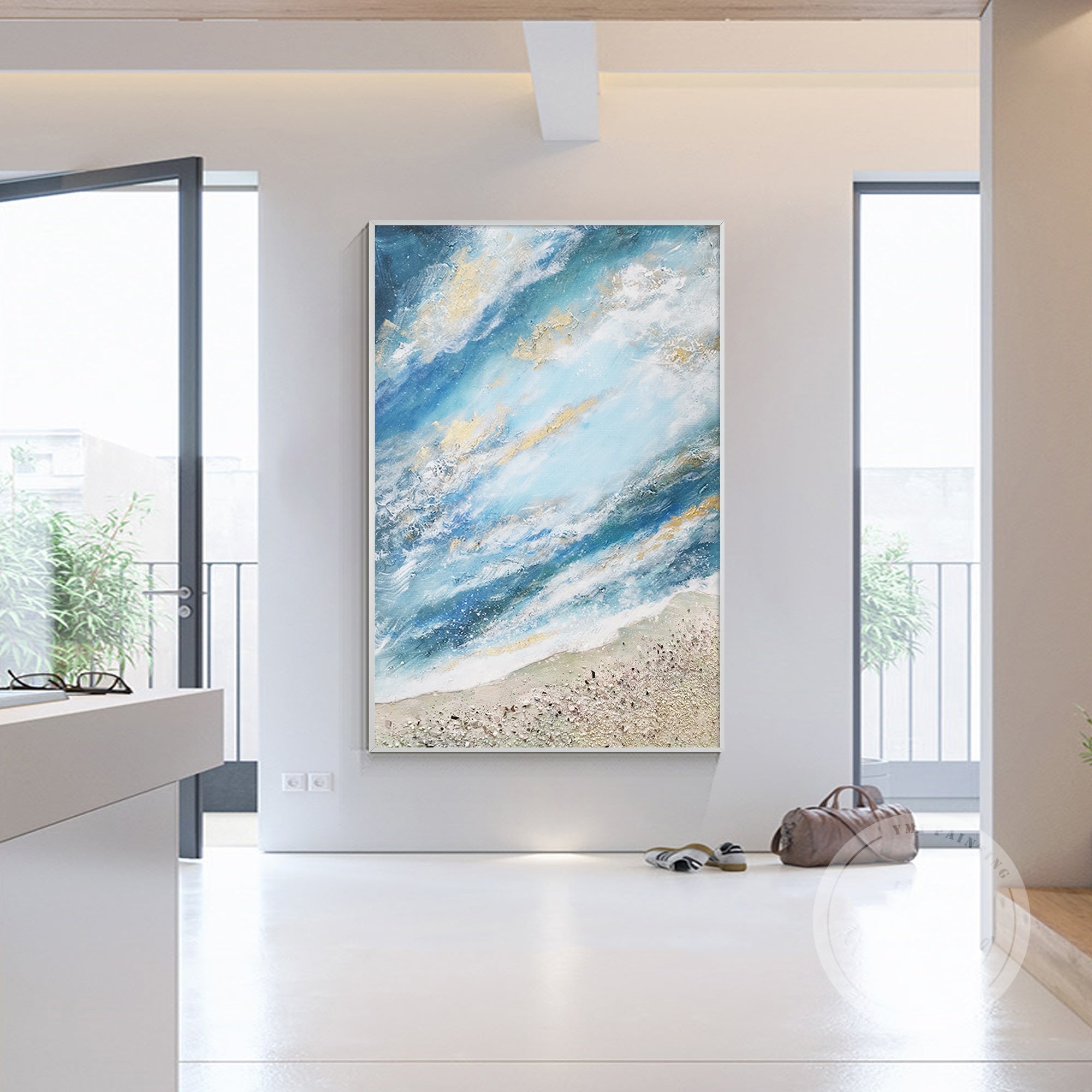 A calming coastal painting with minimalist composition, ideal for creating a soothing atmosphere in a bedroom.