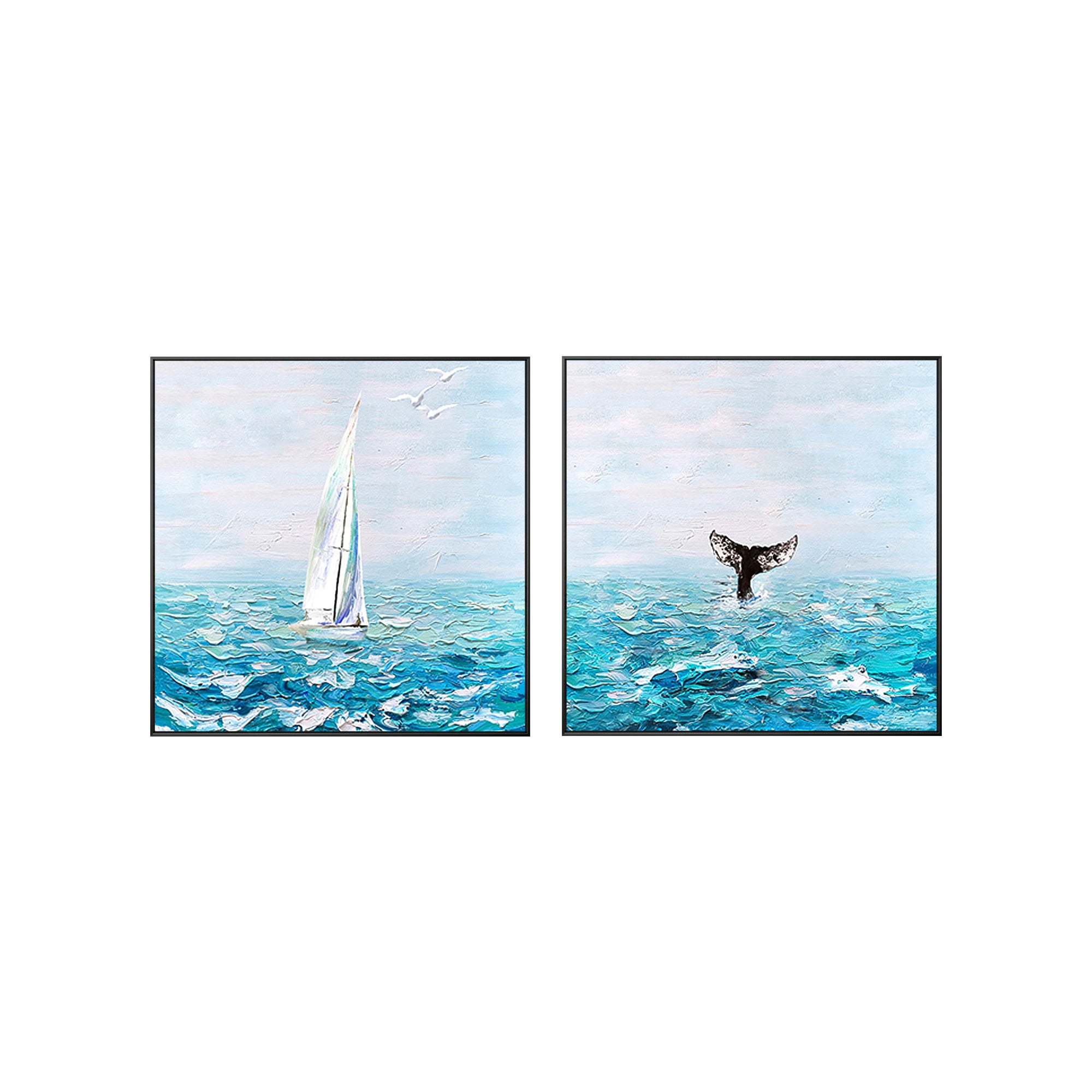 Set of 2 Blue Sailboat Whale Tail Seascape Canvas Wall Art