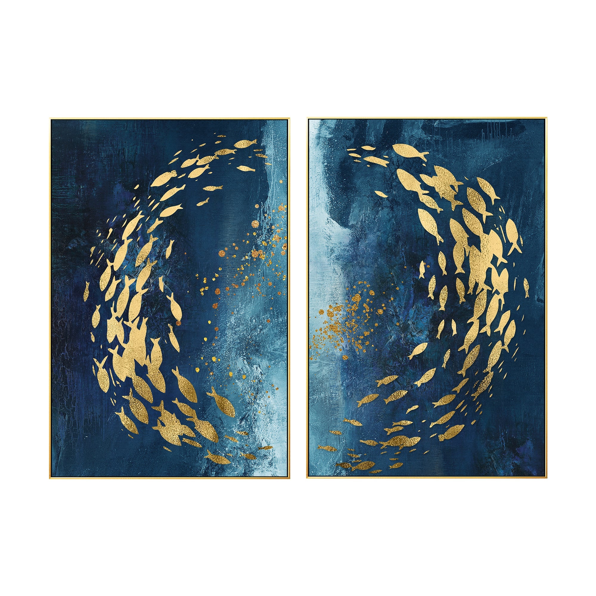 Juego de 2 cuadros de pared abstractos de peces en azul marino y dorado