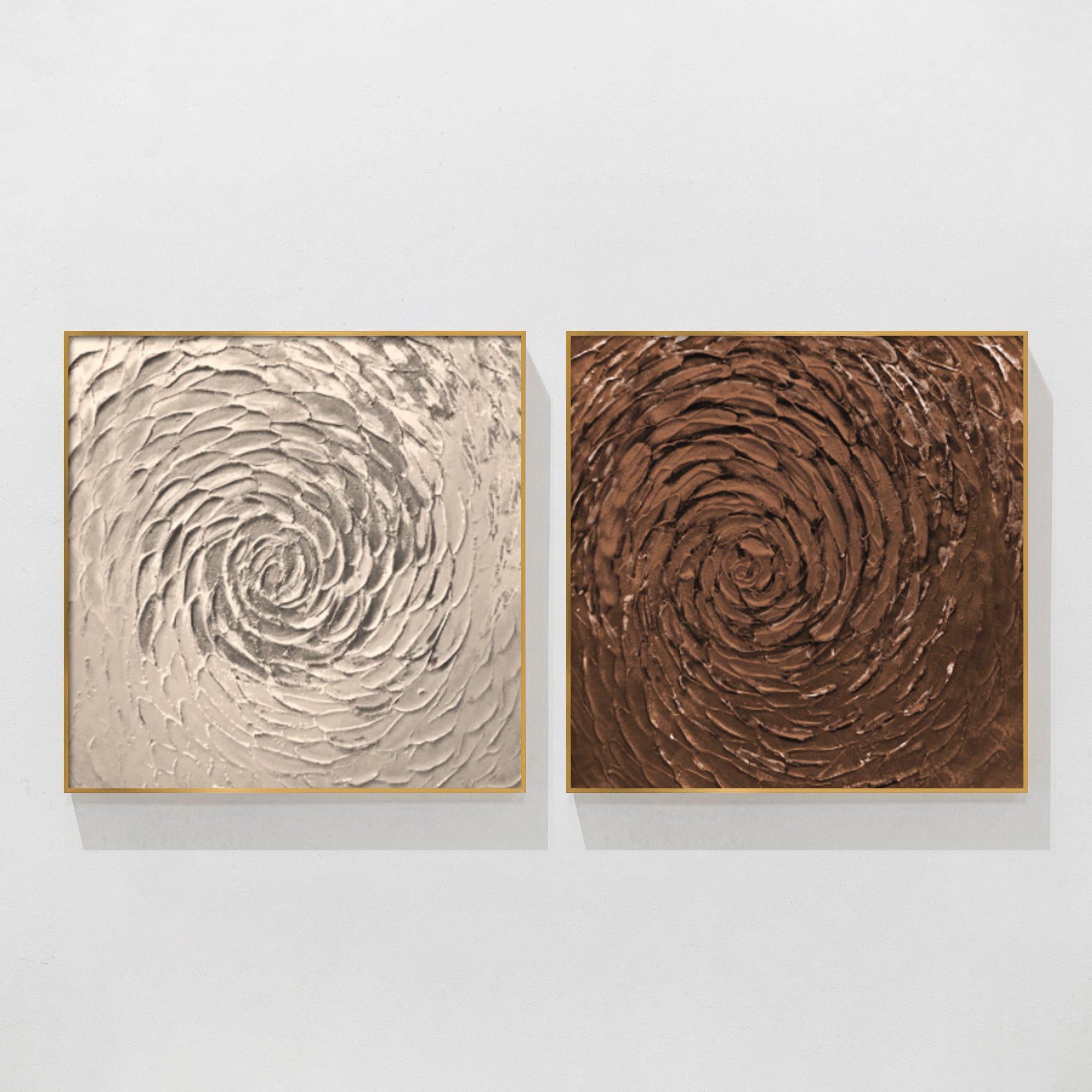 Dark bronze spiral texture painting with minimalist design in gold frame.