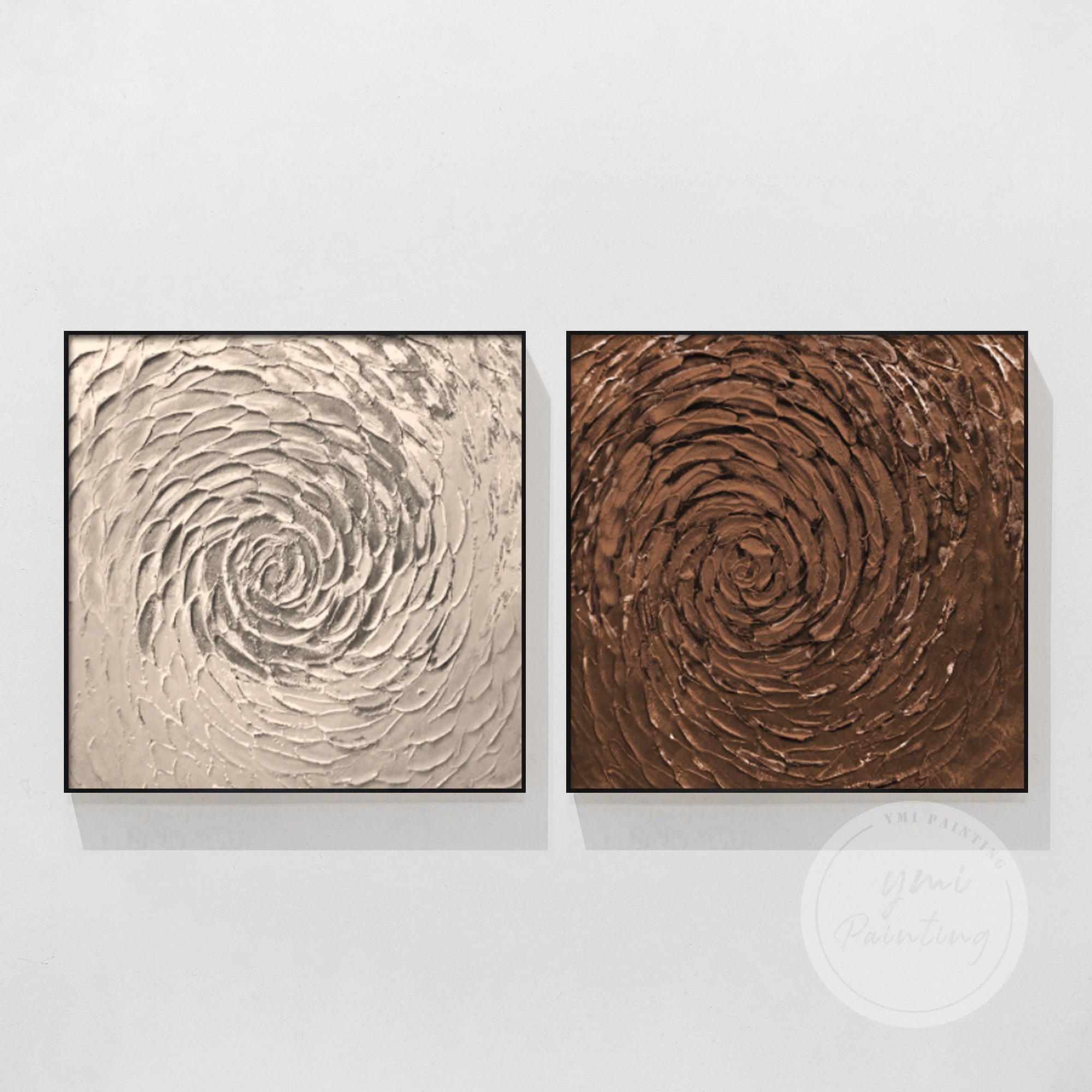 Dark bronze spiral texture painting with minimalist design in black frame.