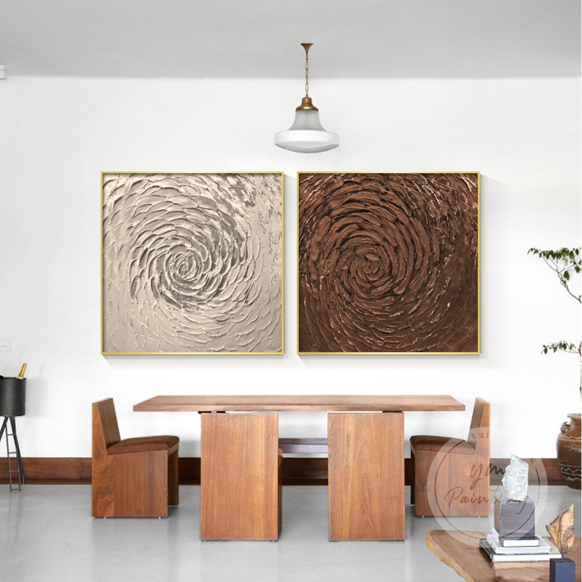 Abstract spiral texture painting in brown tones on a white canvas.