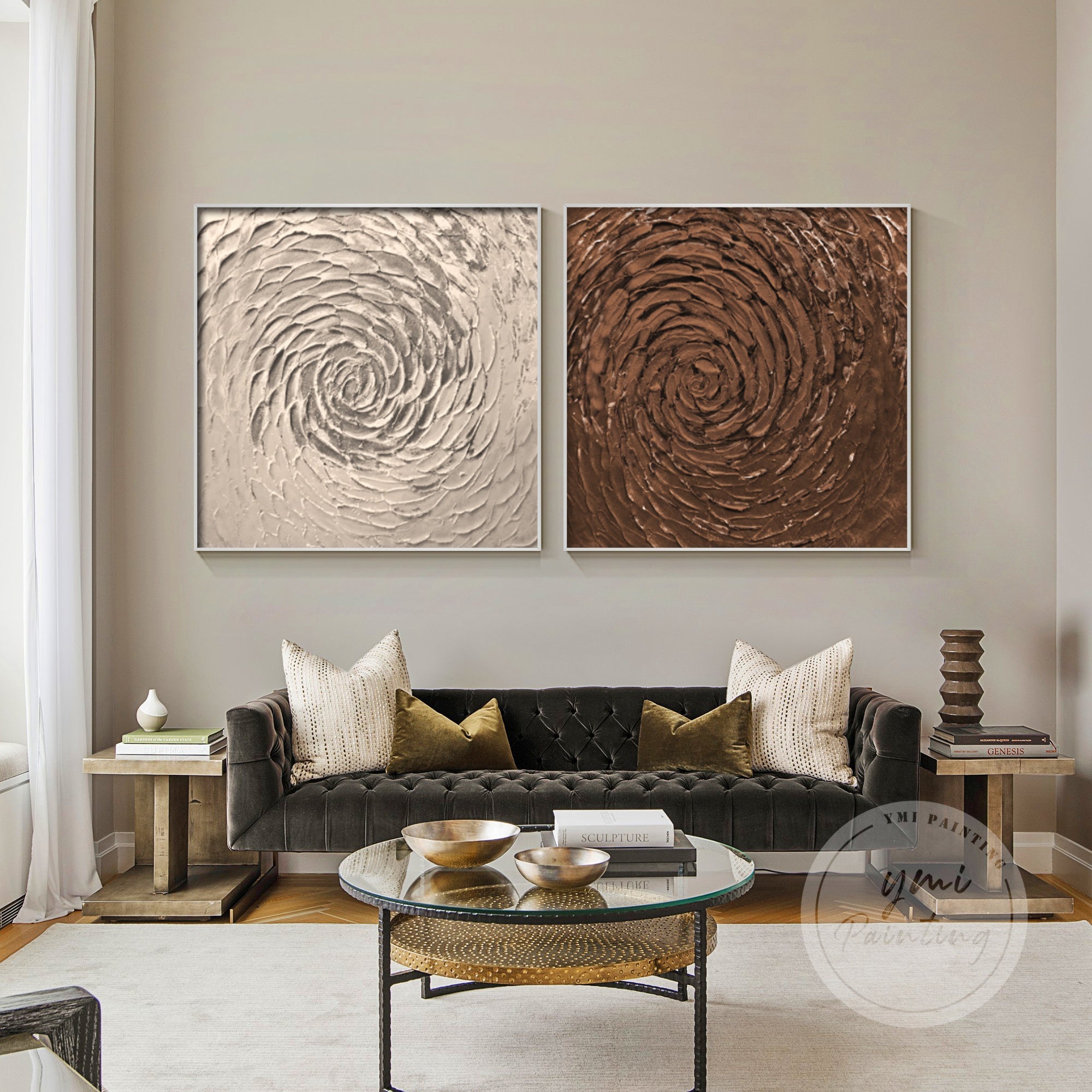 Minimalist spiral design in dark bronze with a crisp white background.