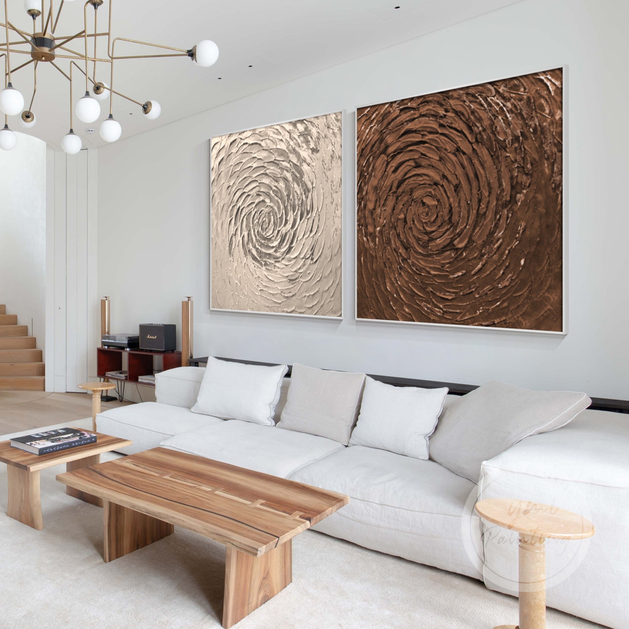 Square abstract art featuring swirling textures in brown and bronze.