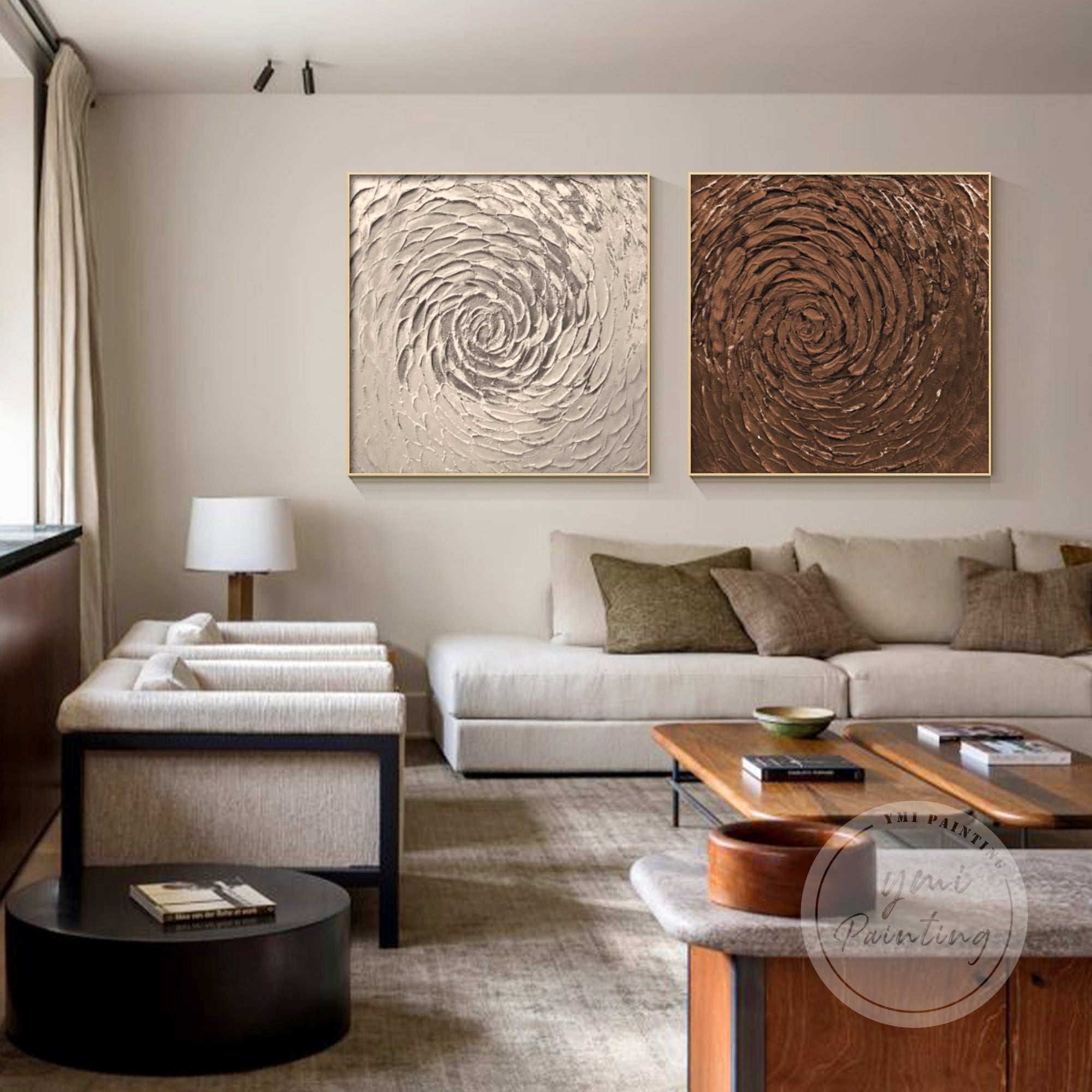 Modern painting with high-contrast brown and bronze spirals on white.
